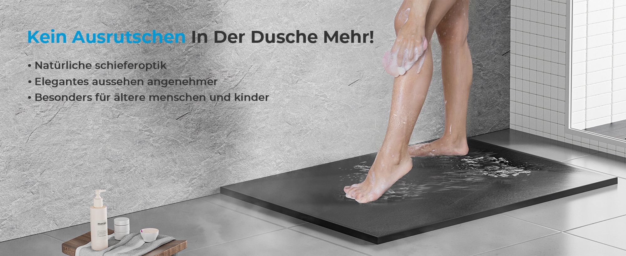 Heilmetz Duschwanne 80x80cm Duschtasse inkl. Ablaufgarnitur Schieferoptik Rutschfeste Extraflach SMC Schwarz Brausetasse Duschbecken Steinoptik