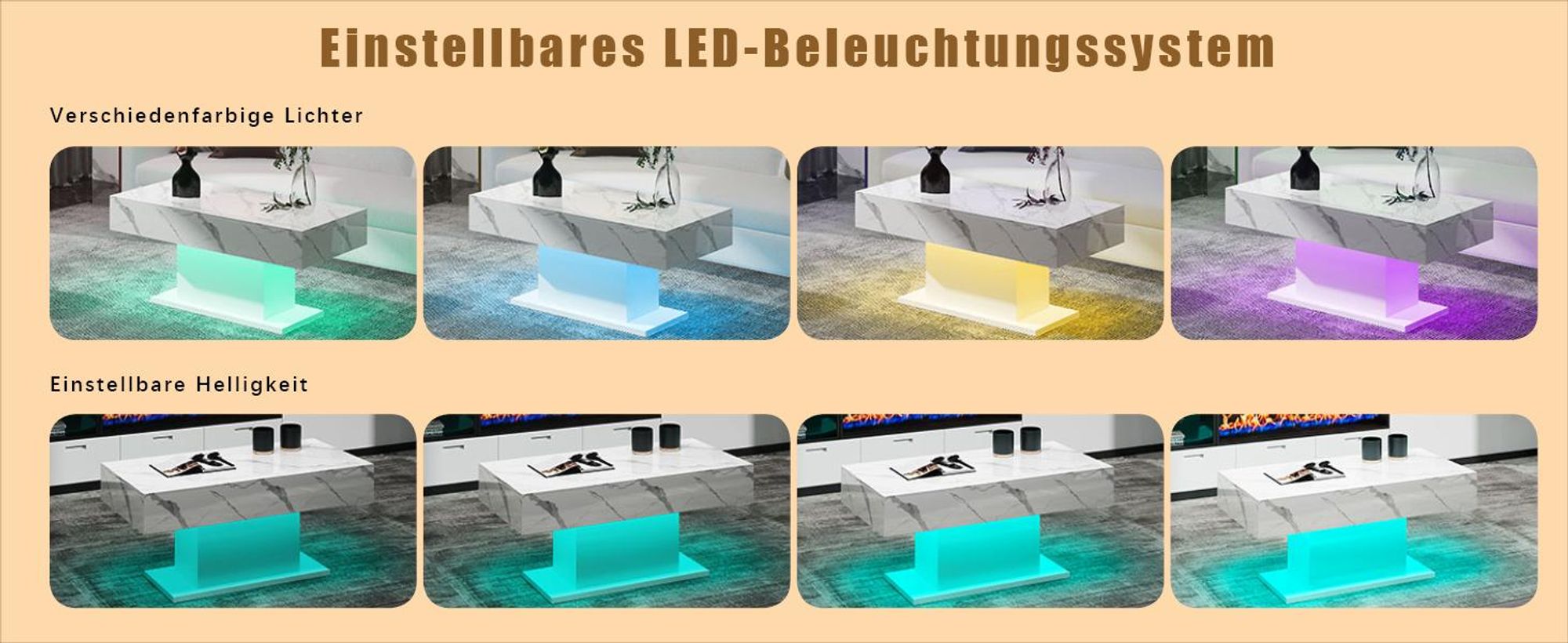 Radelldar Modern Couchtisch Wohnzimmertisch Hochglanz mit Beleuchtung, USB, 110x55x50cm, Weiß marmor