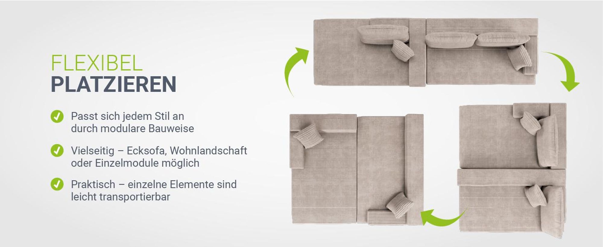 Juskys Sofa Coredo - Taupe, moderne Couch aus Cord mit Kissen, Ottomane links