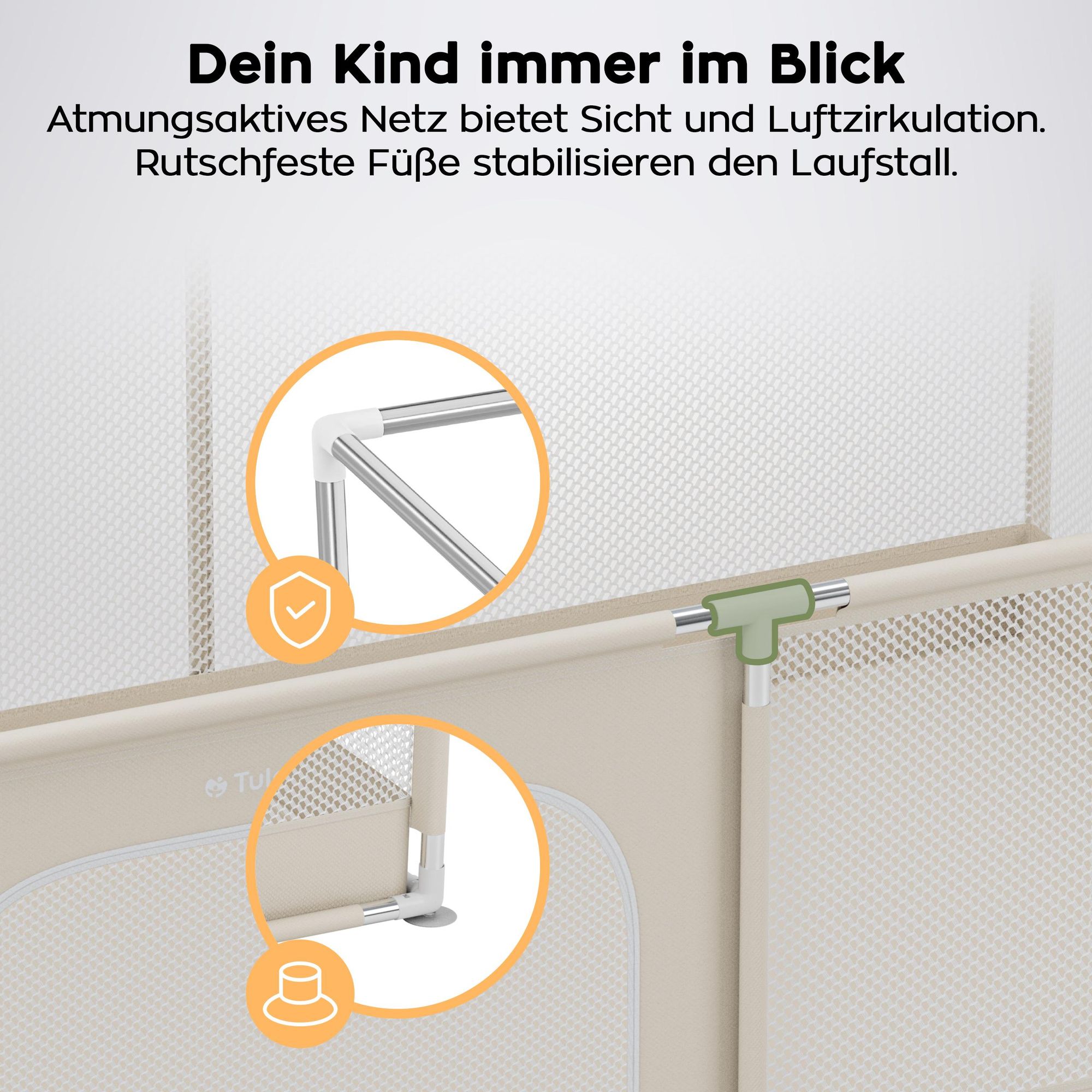 Laufstall Laufgitter 120 x 180 cm Krabbelgitter mit atmungsaktivem Netz Playpen Tragetasche  Laufgitter faltbar mit Tür von 6 bis 36 Monaten Beige