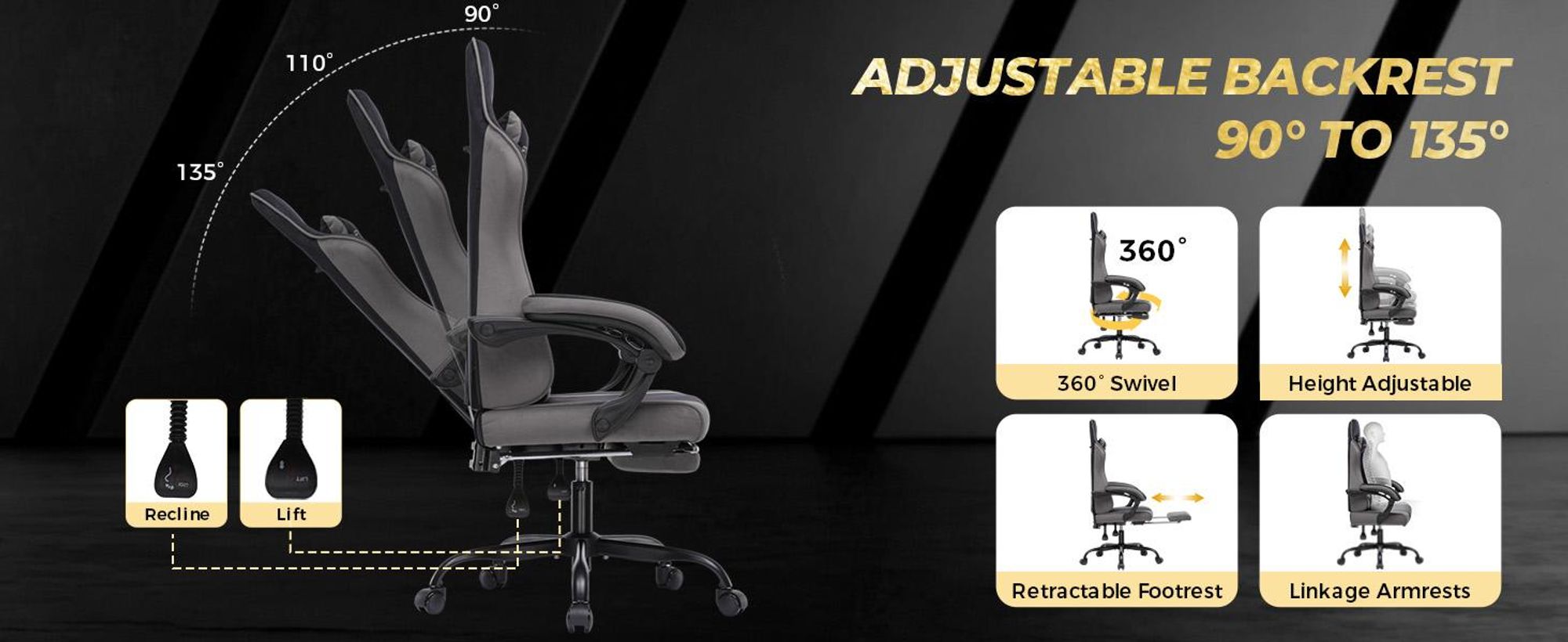 Silla de juego GTPLAYER, ergonómica, con superficie de tela, cojín de asiento con muelles, reposabrazos ajustables y reposapiés. Capacidad máxima de 150 kg. Color: gris