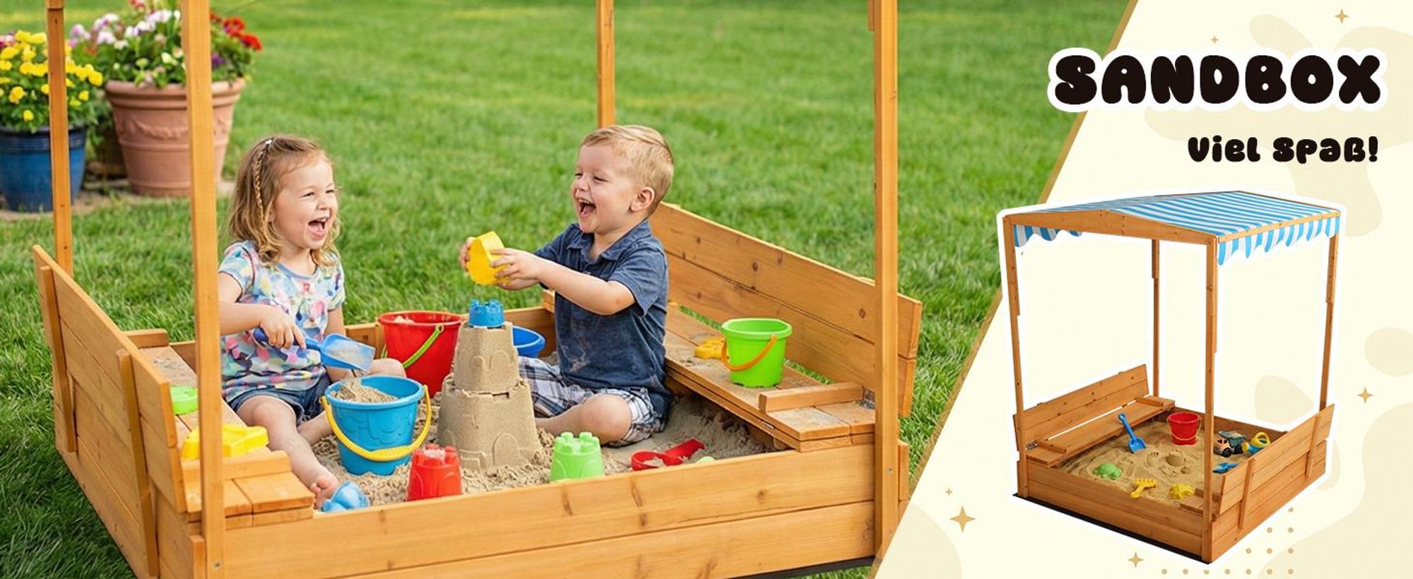 FCH Sandkasten mit Dach & Sitzbänken ,Kindersandkasten, Sandkasten Garten, Sandkasten mit Sitzbank,Holzspielsandkasten für Kinder 118x118x145cm