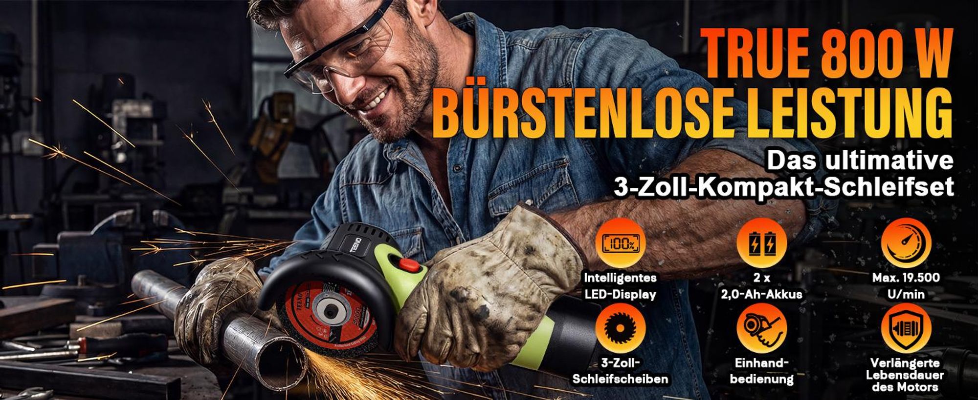 TEENO Bezszczotkowa akumulatorowa szlifierka kątowa 16,8 V 76 mm 19500 obr Silnik 800 W, wyświetlacz LED, 2 baterie 2000 mAh, 6 dysków i opakowania.