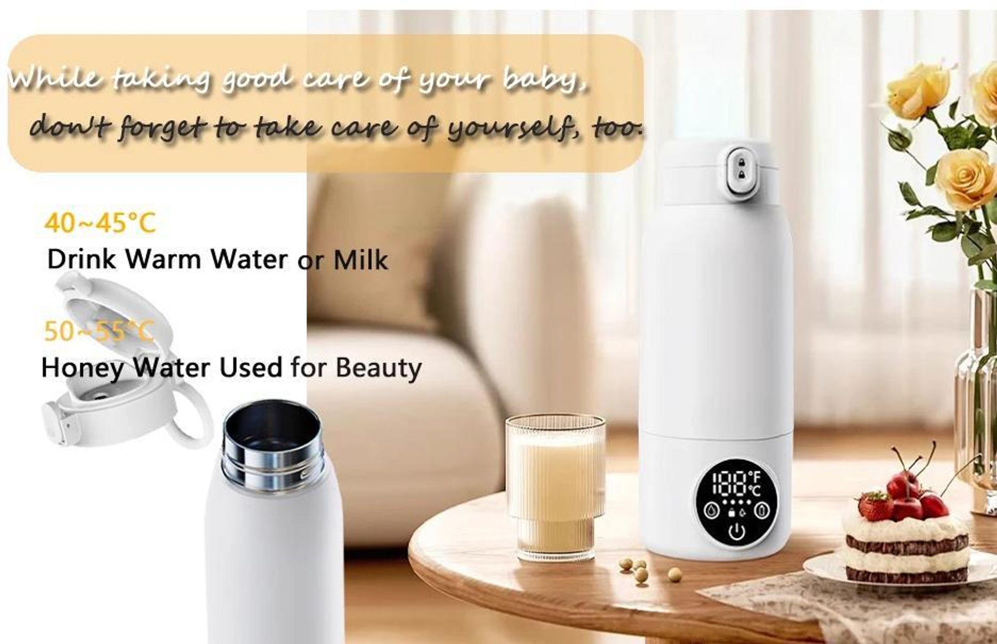 Tragbarer Milchwärmer für unterwegs, kabelloser Flaschenwärmer (500 ml) mit 2-minütiger Schnellheizfunktion; über USB-C aufladbar; präzise Temperaturr