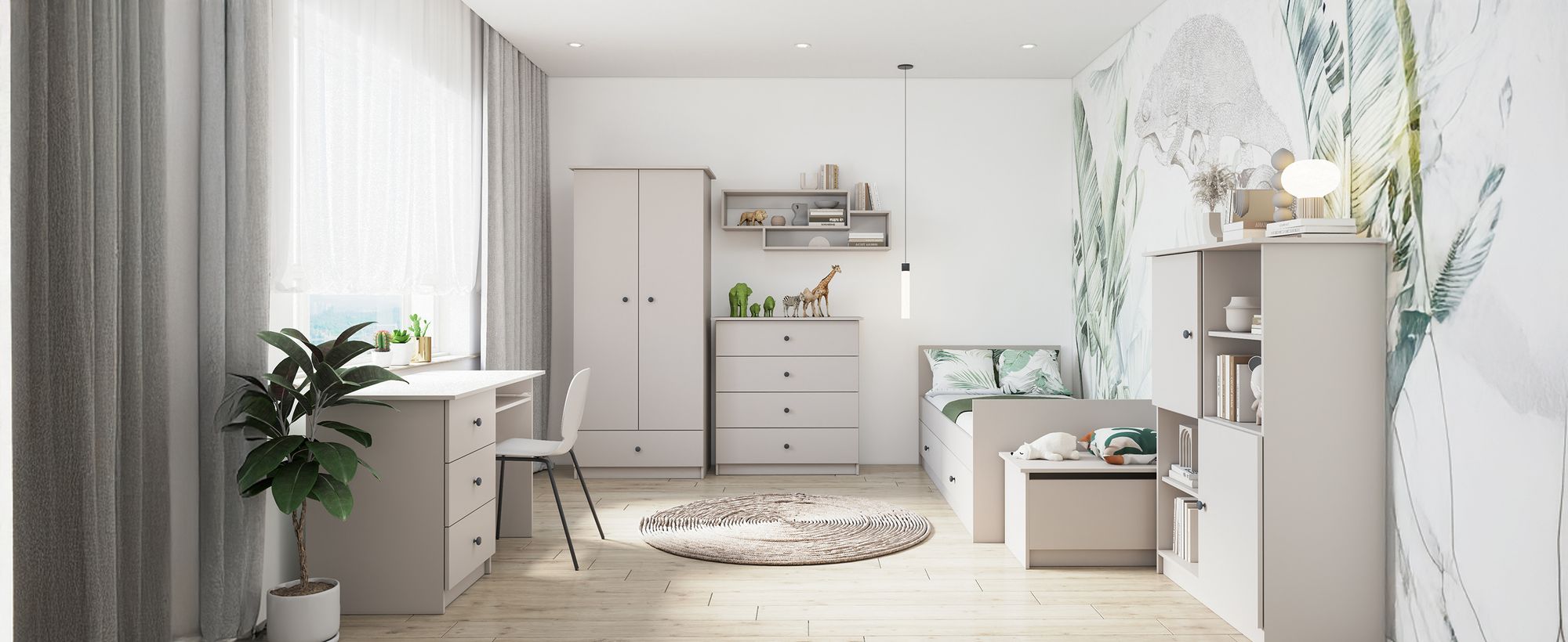 Kinderkleiderschrank Drehtürenschrank Schrank 85 cm Kaschmir/Kaschmir mit Drehtüren eine Schublade und graue Griffe Olaf 06
