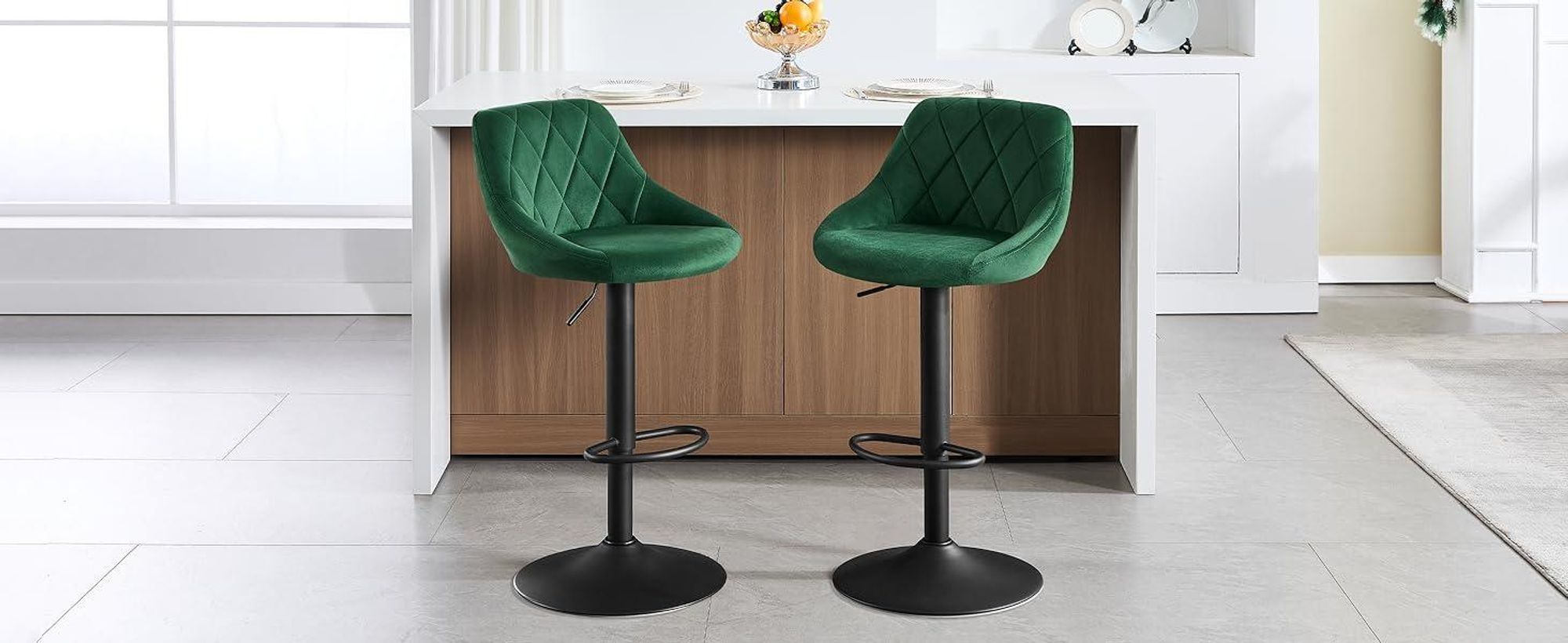 WOLTU Barhocker 2er Set, Barstuhl, Gute gepolsterte Sitzfläche aus Samt, Höhenverstellbar, 360° Drehbar, Dunkelgrün