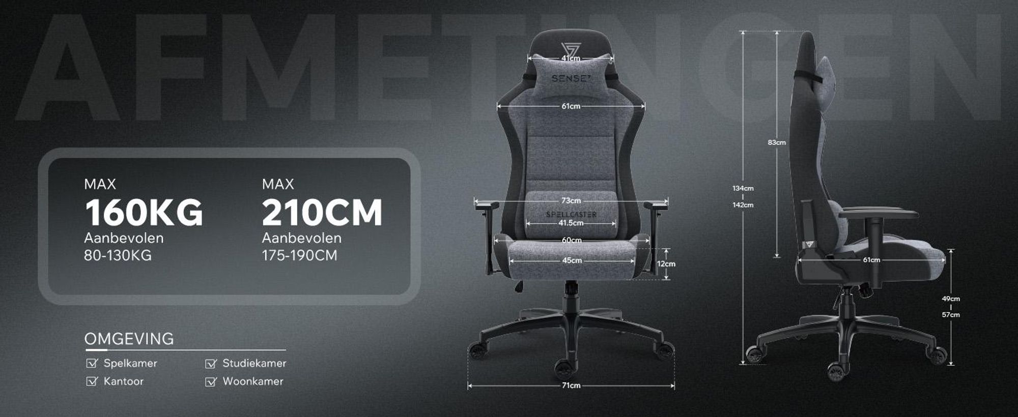 Fauteuil gaming SENSE7 Spellcaster FUKU XL en tissu gris et noir - Fauteuil de bureau ergonomique pouvant supporter jusqu'à 160 kg, avec fonction basculante et roulettes pour sols durs