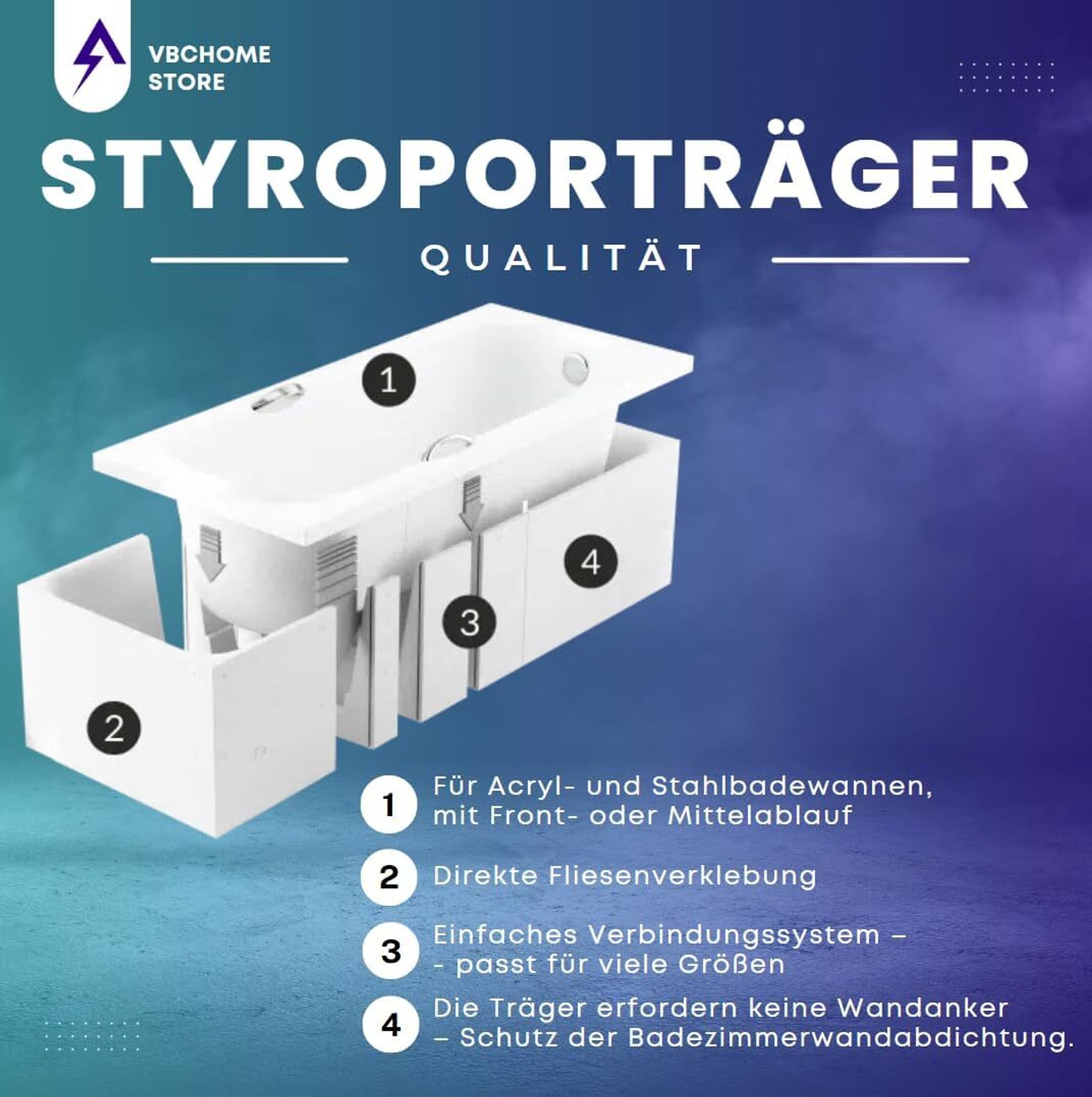 VBChome Acrylbadewanne 180 x 80 cm Weiß mit Styroporträger und Schwarz Siphon - Modern, langlebig und wärmeisolierend, perfekt für das Badezimmer