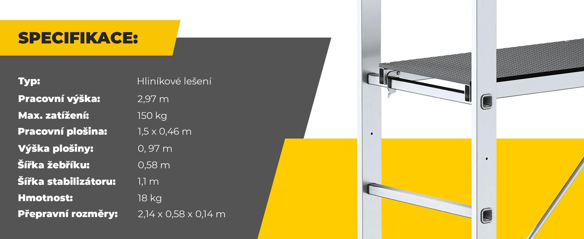 Drabest | Hliníkové lešení - Hliníkové lešení 2x8 - Žebříkové lešení - Nosnost plošiny: 150 kg - Rozměry plošiny: 46x150 cm