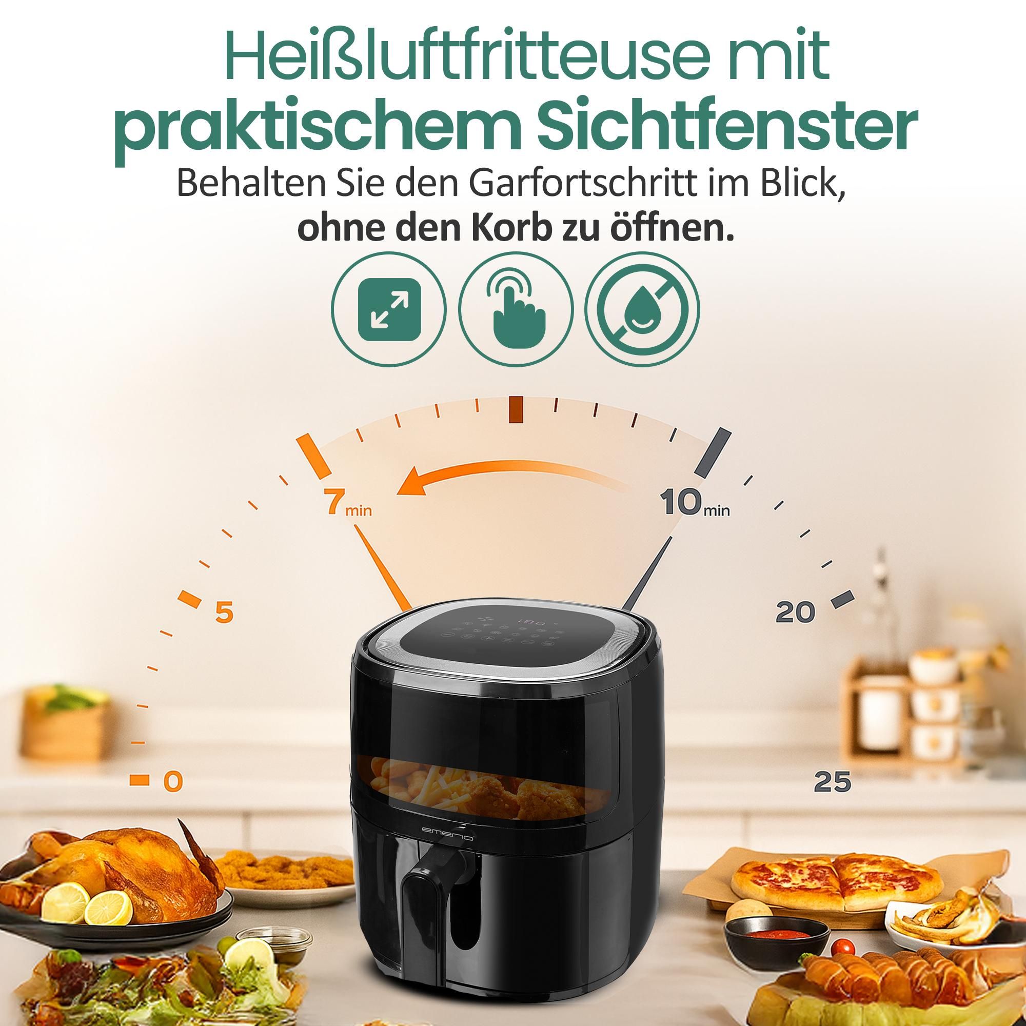 Emerio Airfryer XL AF-129329.3 - 5L - 80ºC bis 200ºC -12 Kochprogramme - Digitales Display - Timer - Sichtfenster - Cool Touch -  Schwarz