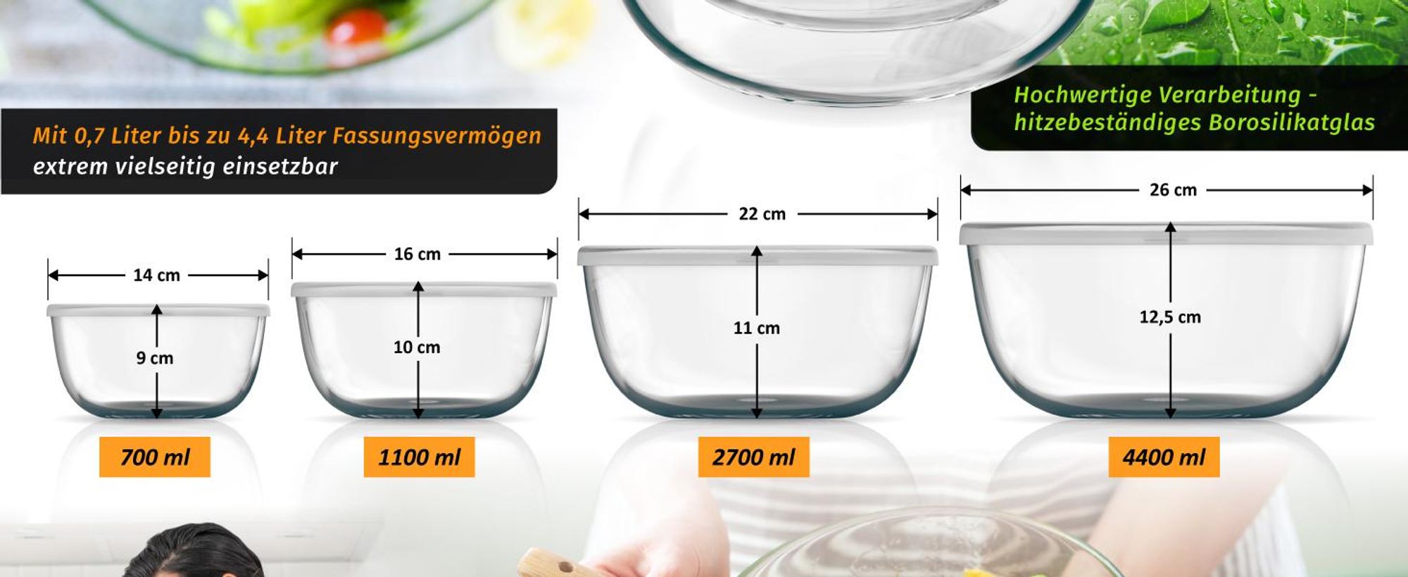 Arendo Salatschüssel mit Deckel, Set, 4x Glasschüsseln 0,7L, 1,1L, 2,7L & 4,4L, Glas Rührschüssel, Glas, (4er Set, 4-tlg), Glasschale, BPA-frei, spülmaschinengeeignet & mikrowellengeeignet