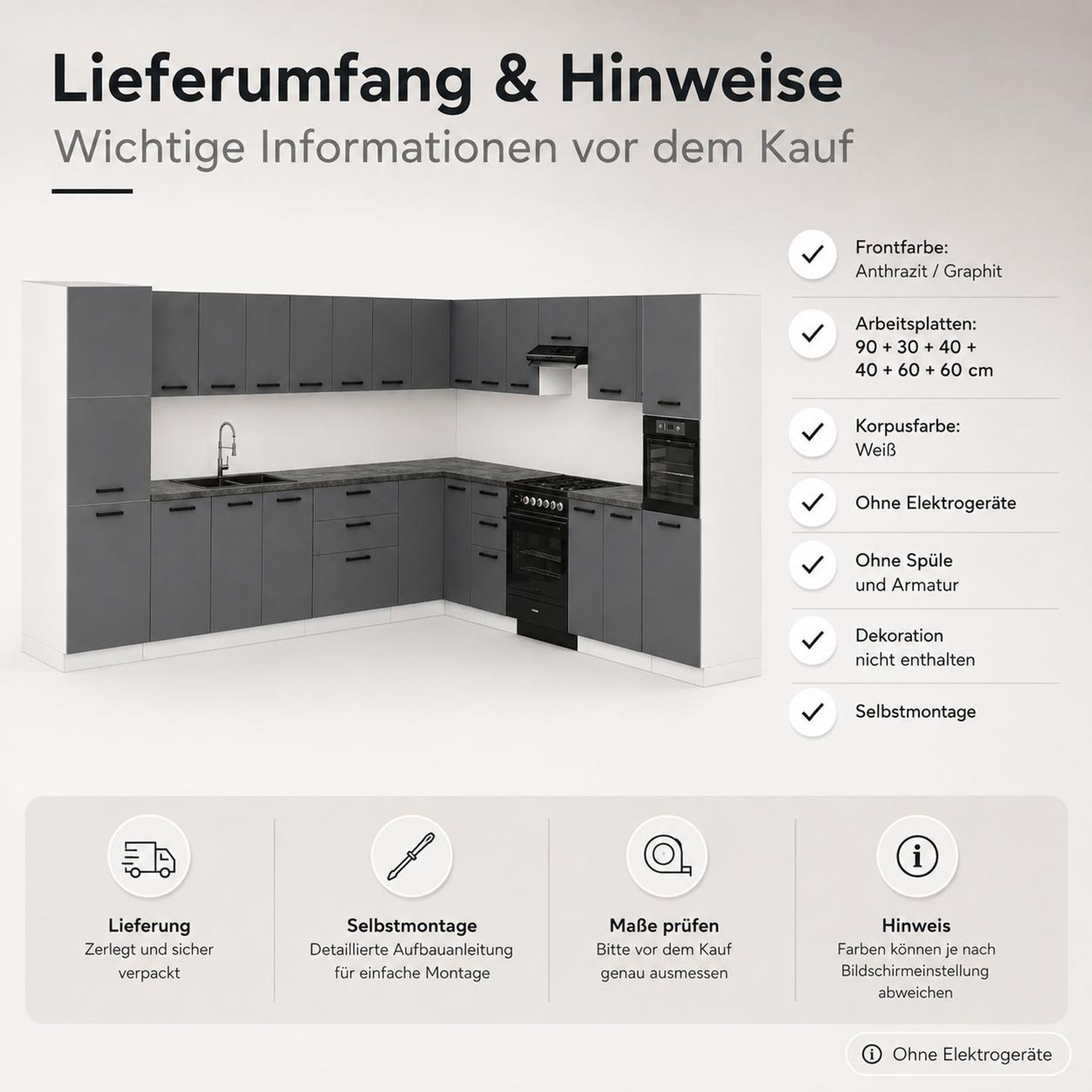 Lieferumfang der Eckküche in Anthrazit, ohne Elektrogeräte, Spüle und Armatur.
