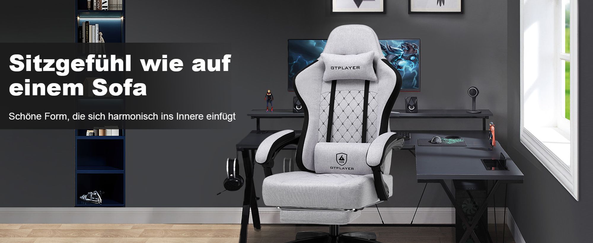 GTPLAYER Gaming Stuhl Ergonomischer Gaming Sessel Schreibtischstuhl PC Gamer Racing Stuhl mit Stoffoberfläche, Federsitzkissen mit Fußstütze hellgrau