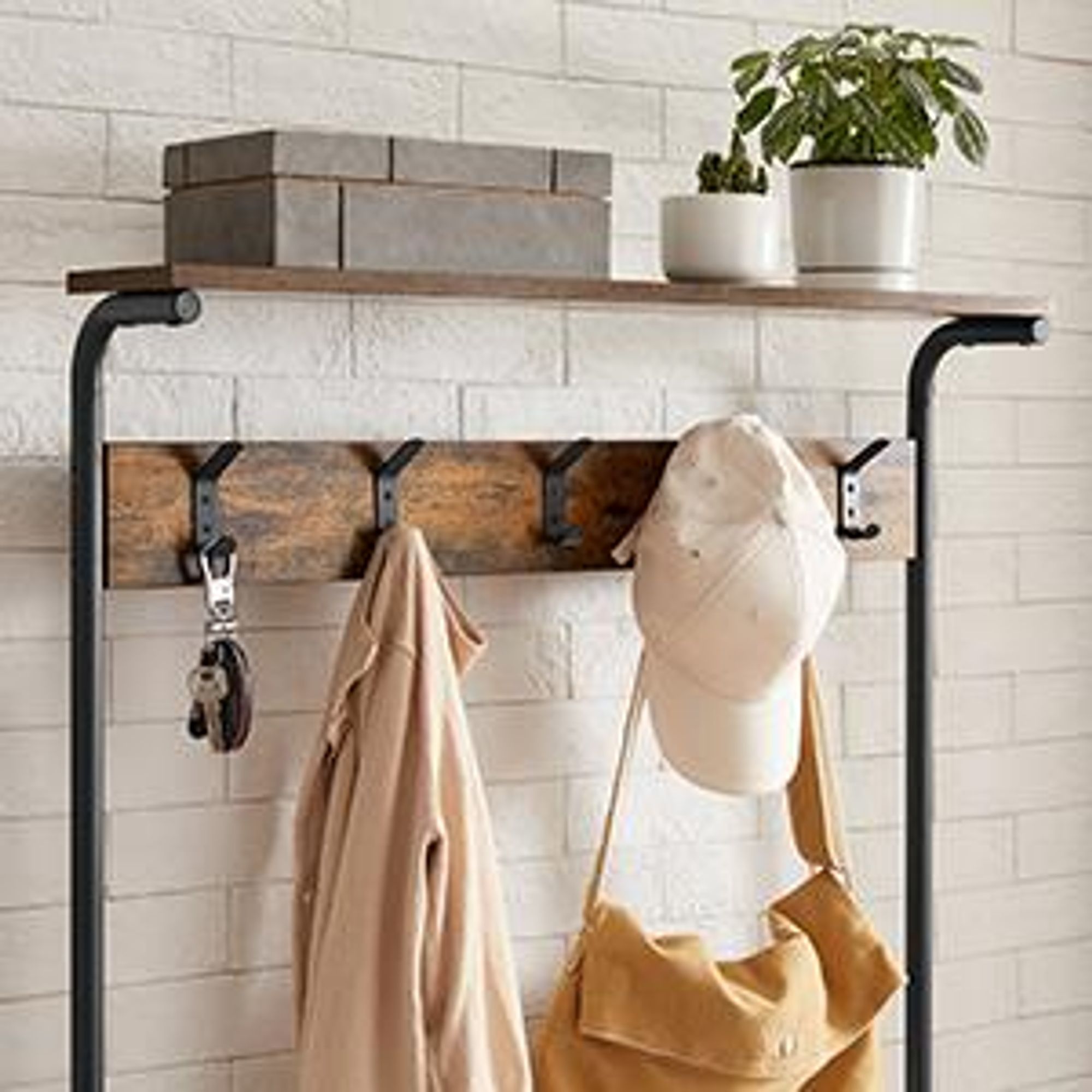 VASAGLE Garderobenständer, Kleiderständer, Garderobe mit 5 Doppelhaken, Schuhregal mit 5 Ebenen, eine Ablage oben, für Wohnungen, Schlafzimmer, Flur, Industrie-Design, vintagebraun-schwarz HSR408B01