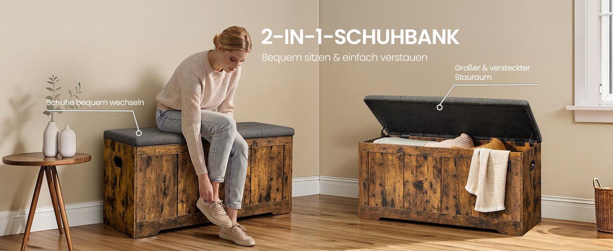 VASAGLE Truhe mit Stauraum, Truhenbank mit Deckel, für Schlafzimmer, Flur, Wohnzimmer, 41 x 101 x 49 cm, braun-grau