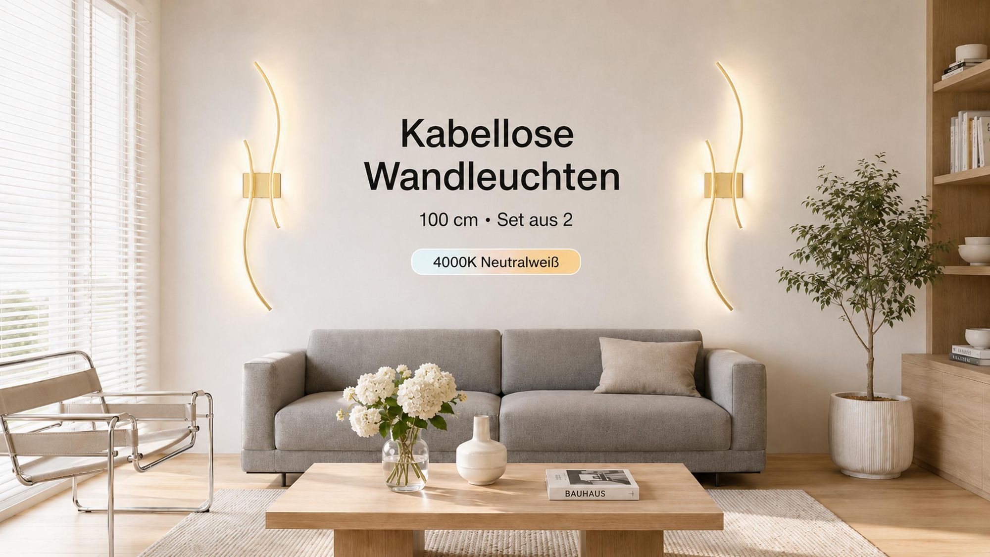 Akku Wandleuchte 100cm 2er Set - Kabellos Dimmbar 3000K-6000K USB-C Wiederaufladbar Wandlampe mit Fernbedienung Gold Wohnzimmer Flur Treppenhaus