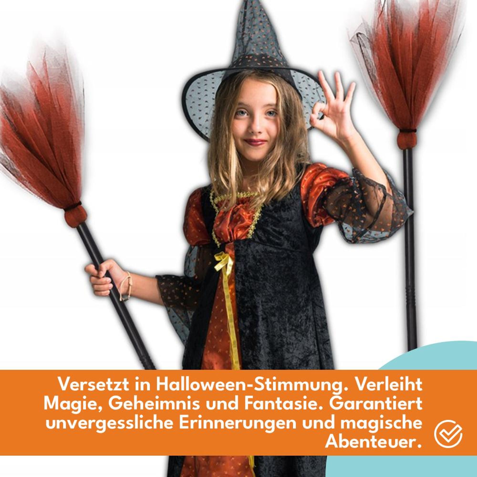 KRUMAD Hexenbesen Orange 87 cm – zusammenklappbar, leicht & stabil, Kostüm Zubehör für Kinder & Erwachsene, Halloween & Karneval