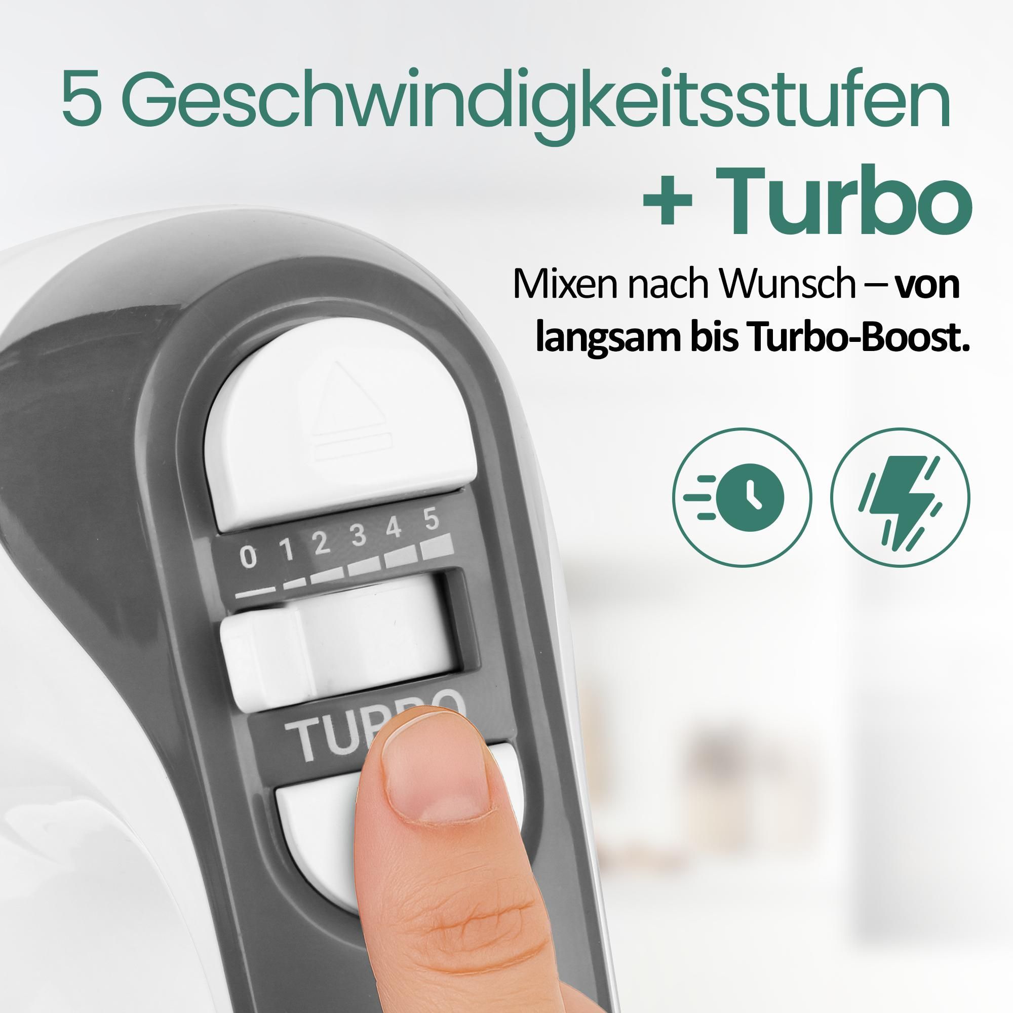 Emerio Handmixer 400 W – Mixer mit Turbofunktion – 5 Geschwindigkeitsstufen – Edelstahl-Rührbesen und Knethaken – HM-130365 – Weiß / Grau