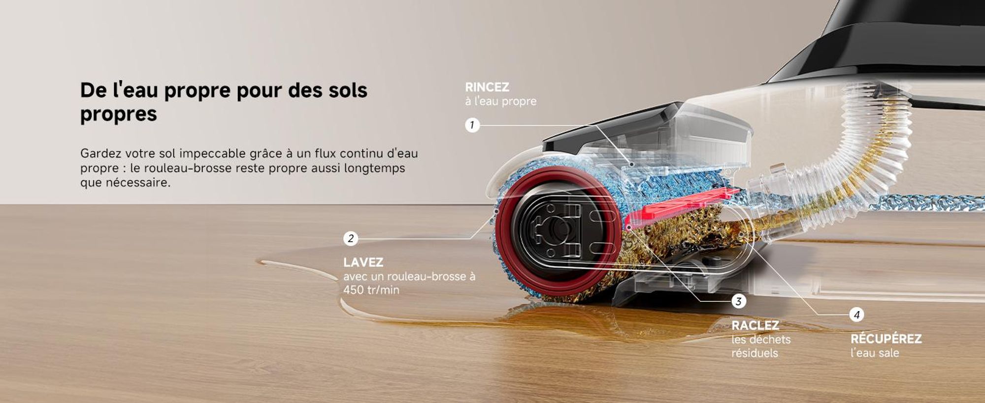 MOVA M10 Aspirateur laveur, ultra-léger 0,9 kg, design plat 180° avec rotation 90°, brosse double anti-enchevêtrement, puissance 18 kPa
