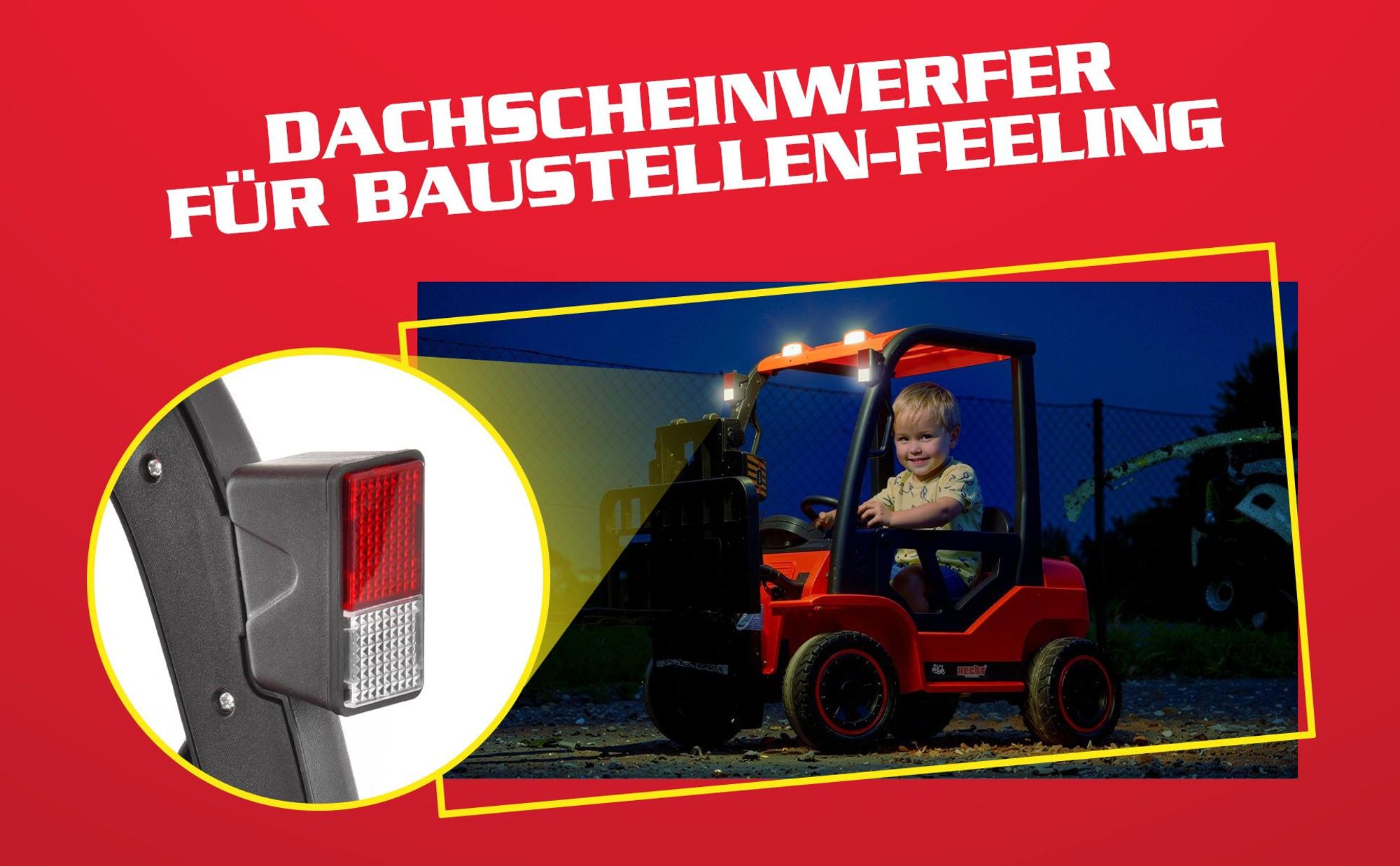 Kinder Gabelstapler 52108 Rot mit Fernbedienung bis 6 km/h | 2x40W | Radio, USB & BLuetooth | mit Licht