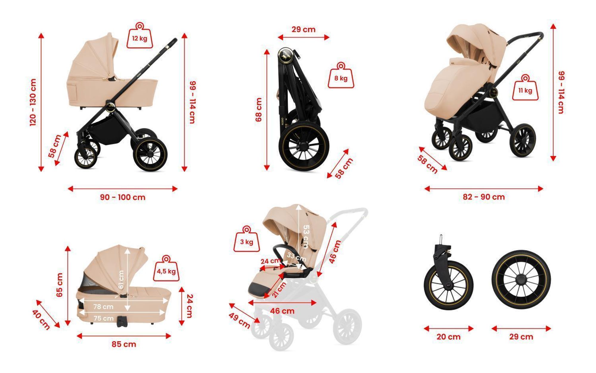 BabyLux® Kinderwagen 3in1 Set ROSSO, Beige Faltbar Leicht Kombikinderwagen Set incl. Babywanne, Buggy Sportsitz, Babyschale i-Size, Wickeltasche