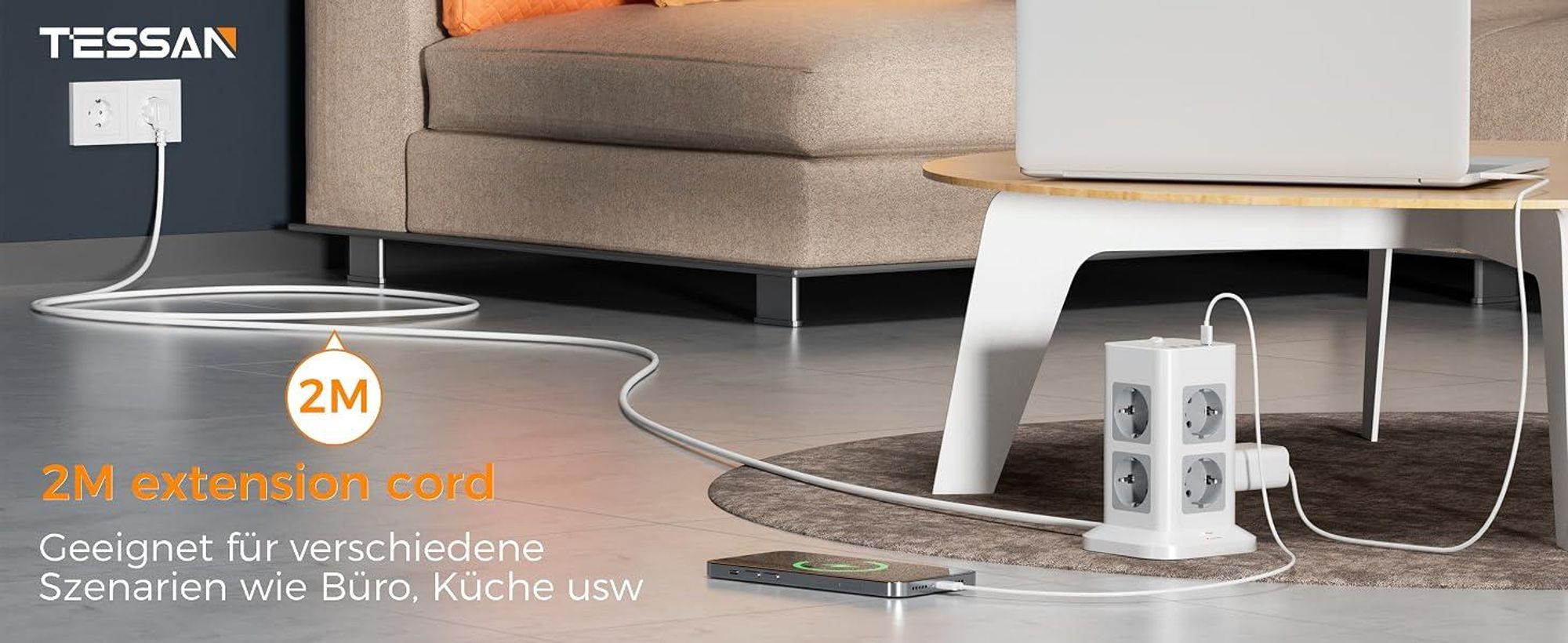 TESSAN 8 Fach Mehrfachsteckdose mit 1 USB C und 3 USB A Verlängerungskabel 2M Überspannungsschutz 3600W
