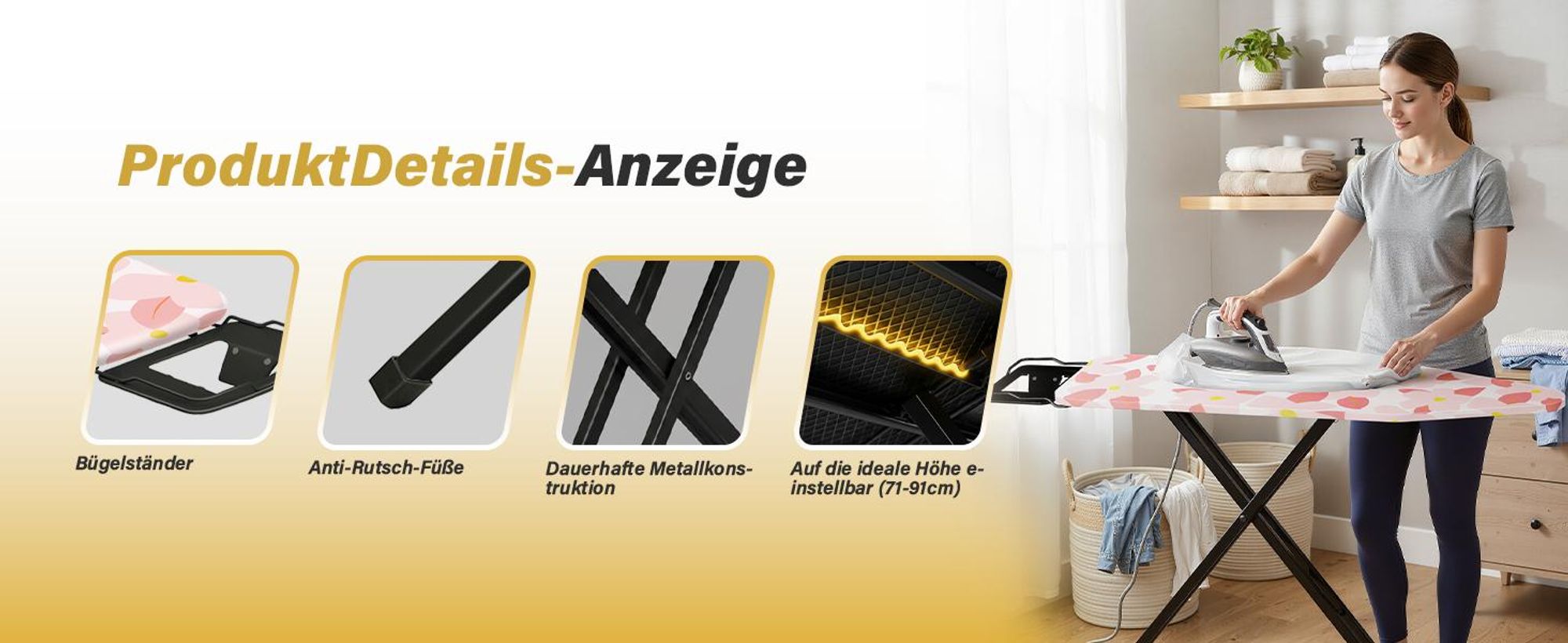 STANEW Bügelbrett 122 x 38 cm,Klappbares Bügelbretter Bügeltisch für Dampfbügeleisen,Sicherheitsschließsystem,höhenverstellbar