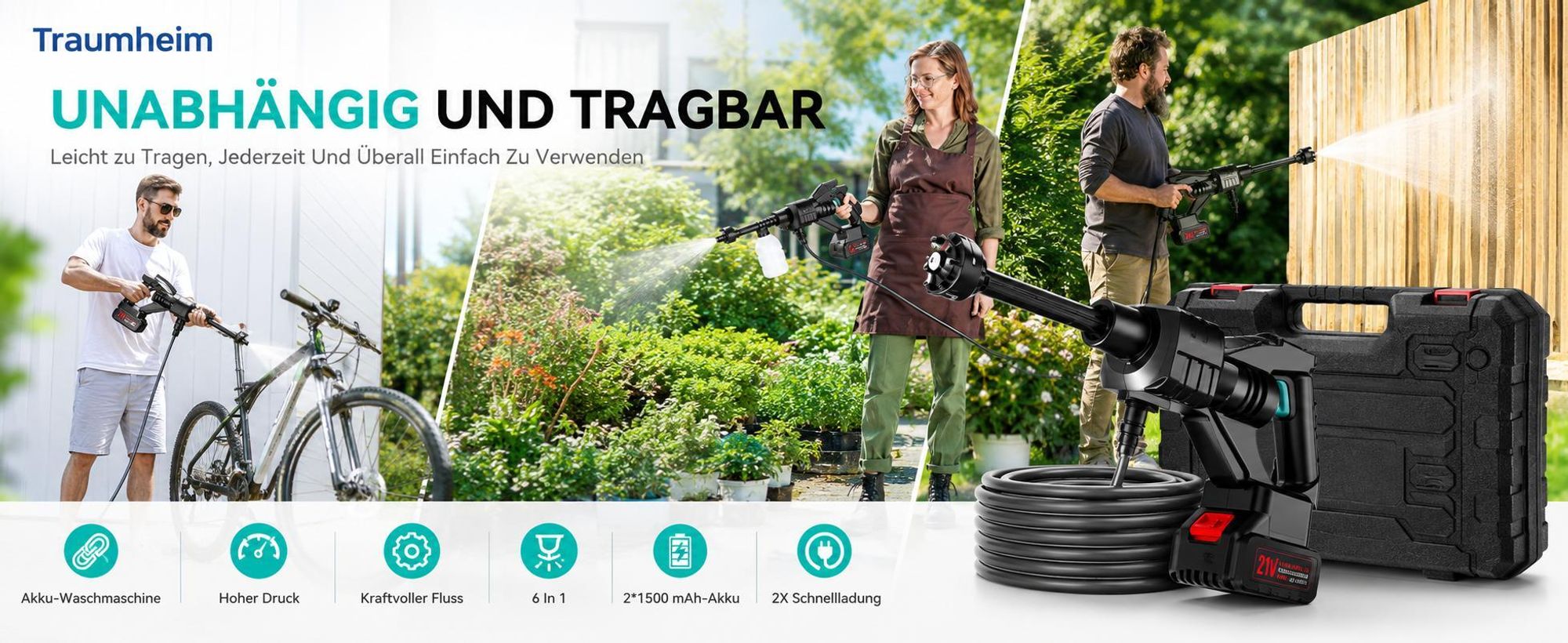 Akku Hochdruckreiniger, 40 Bar Tragbarer Hochdruckreiniger mit 1500mAh Akku, 6-in-1 Multi-Sprühdüse 5M Schlauch für Auto, Terrasse, Garten, Zaun, Pool