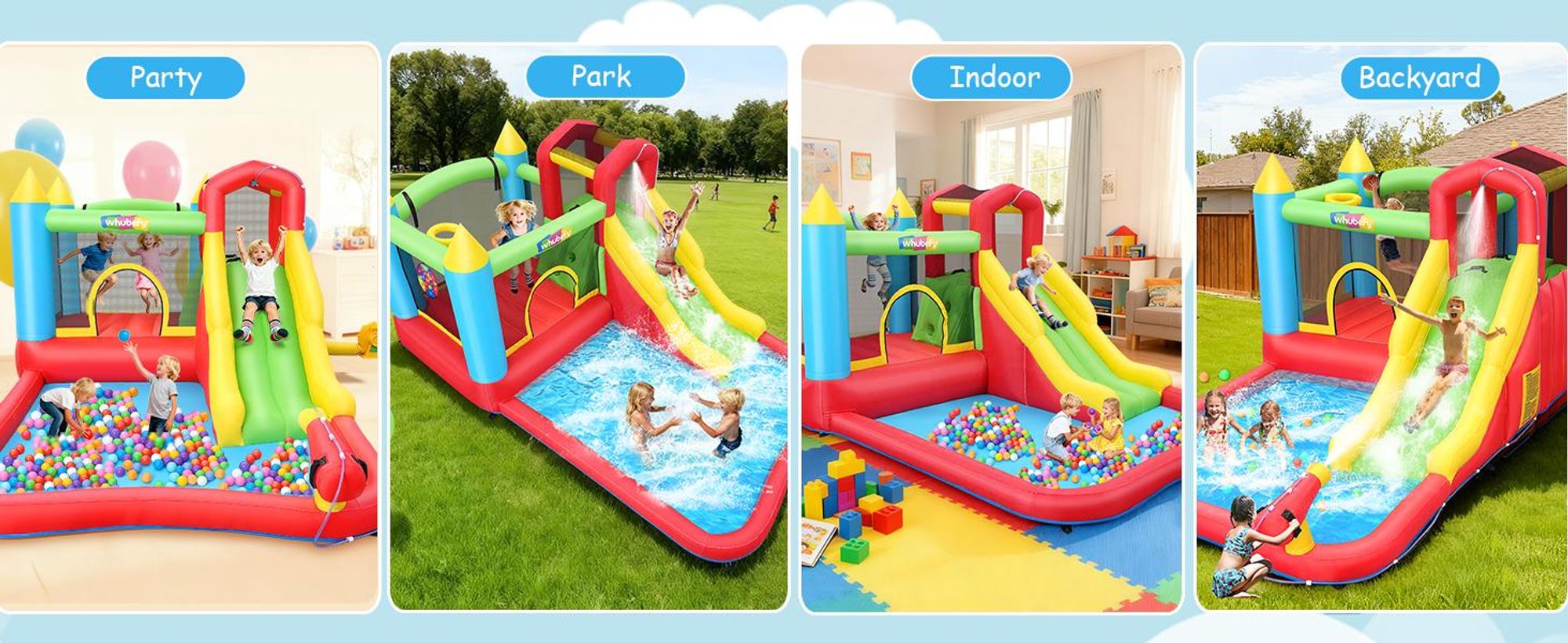 Hüpfburg für Kinder 3-12 mit Rutsche, Trampolin, Bällebad, Basketball-Korb, Zielscheibe, Kletterwand, Wasserkanone, Gebläse inklusive,415×255×192 cm