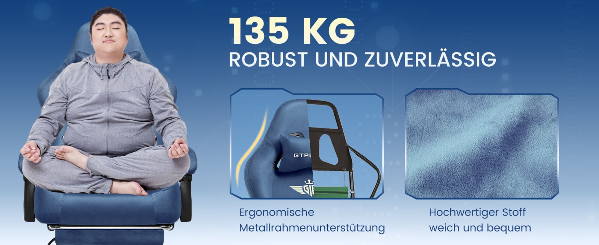 GTPLAYER Gaming Stuhl Ergonomischer Gaming Sessel Schreibtischstuhl Bürostuhl mit Stoffoberfläche Federsitzkissen, Verbindungsarmlehnen, mit Fußstütze