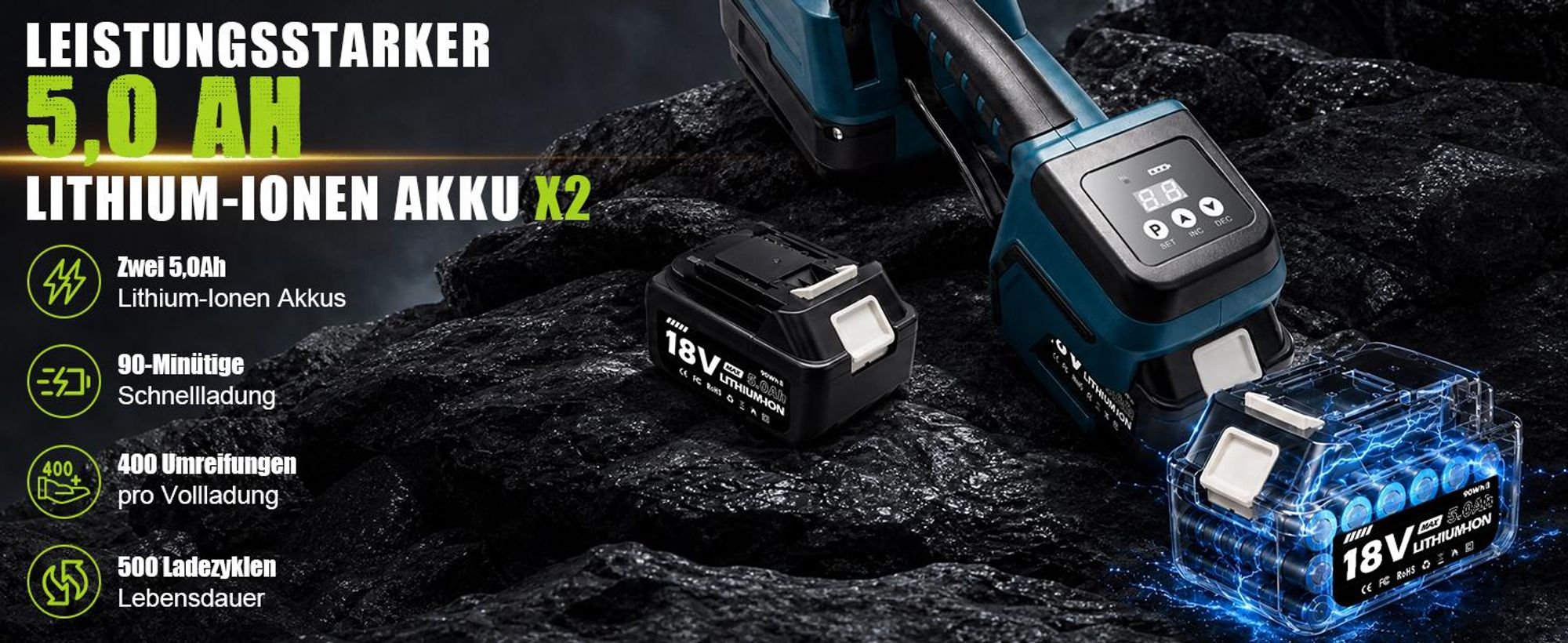 3500N Elektrische Umreifungsmaschine für 10-16mm PET/PP Bänder Akku Umreifungsgerät mit 2 x 5000mAh & Digitaldisplay Bündelungswerkzeug Umreifungsset