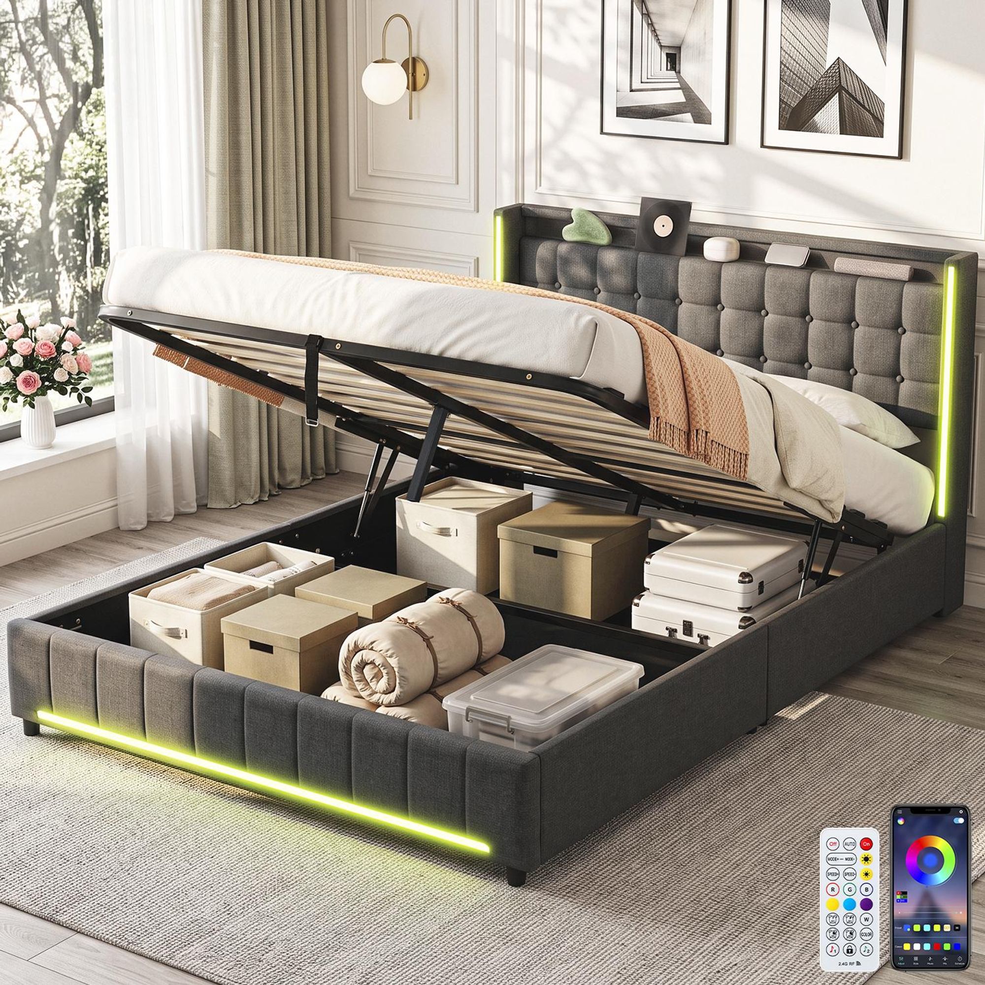 OYAJIA Polsterbett Stauraumbett mit LED Licht 140x200cm,Hydraulisch anhebbarer Doppelbett Mit Lattenrost, Leinenmaterial Polsterbettt,RGB Beleuchtung