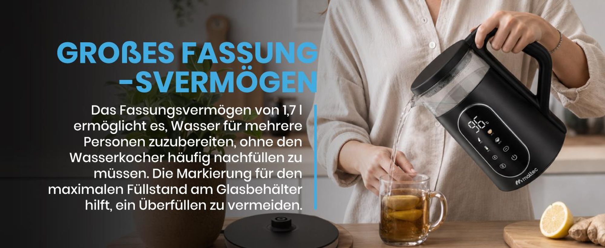 Wasserkocher mit Temperaturregelung 1,7 L Warmhaltefunktion 40–100°C 2200W Kalkfilter