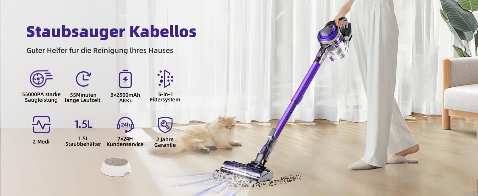 Aiibot 60000PA Akku Staubsauger, Staubsauger Kabellos,Kabelloser Staubsauger, 5 in1 Akkustaubsauger Bürstenloser Motor 50min, für tierhaare, 4HEPA