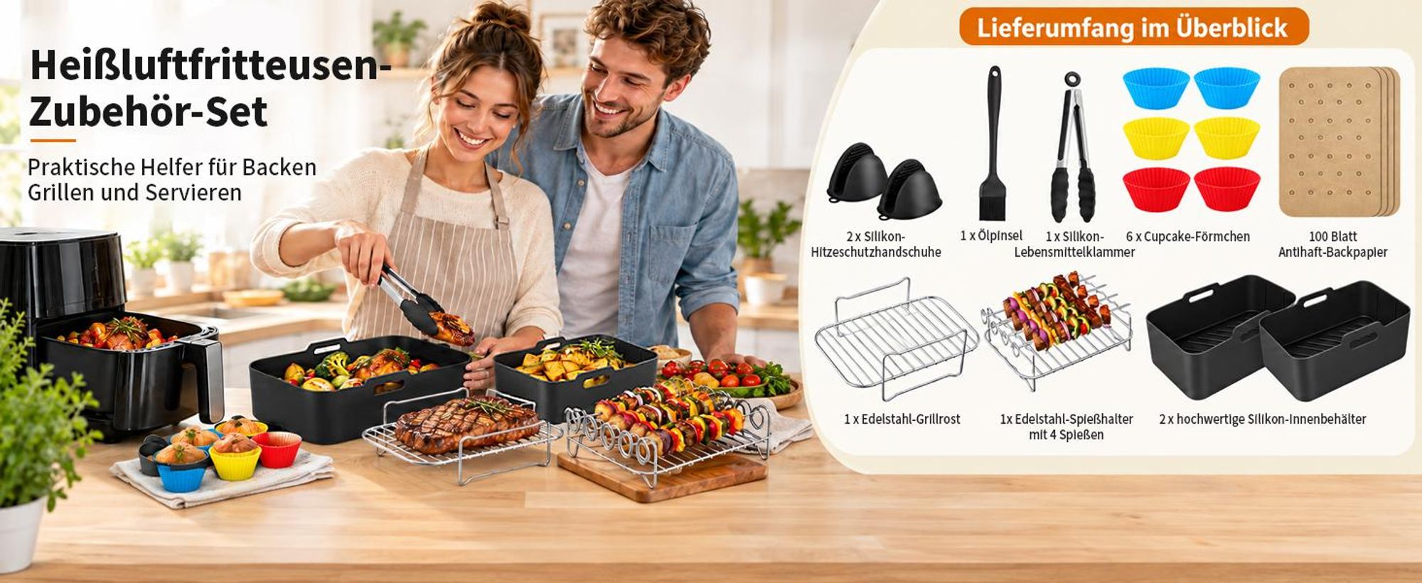 19-tlg. Heißluftfritteuse Zubehör Set für Ninja AF300EU AF400EU, mit 2 Silikonformen, Grillrost, Spießen, Backpapier & Küchenzubehör