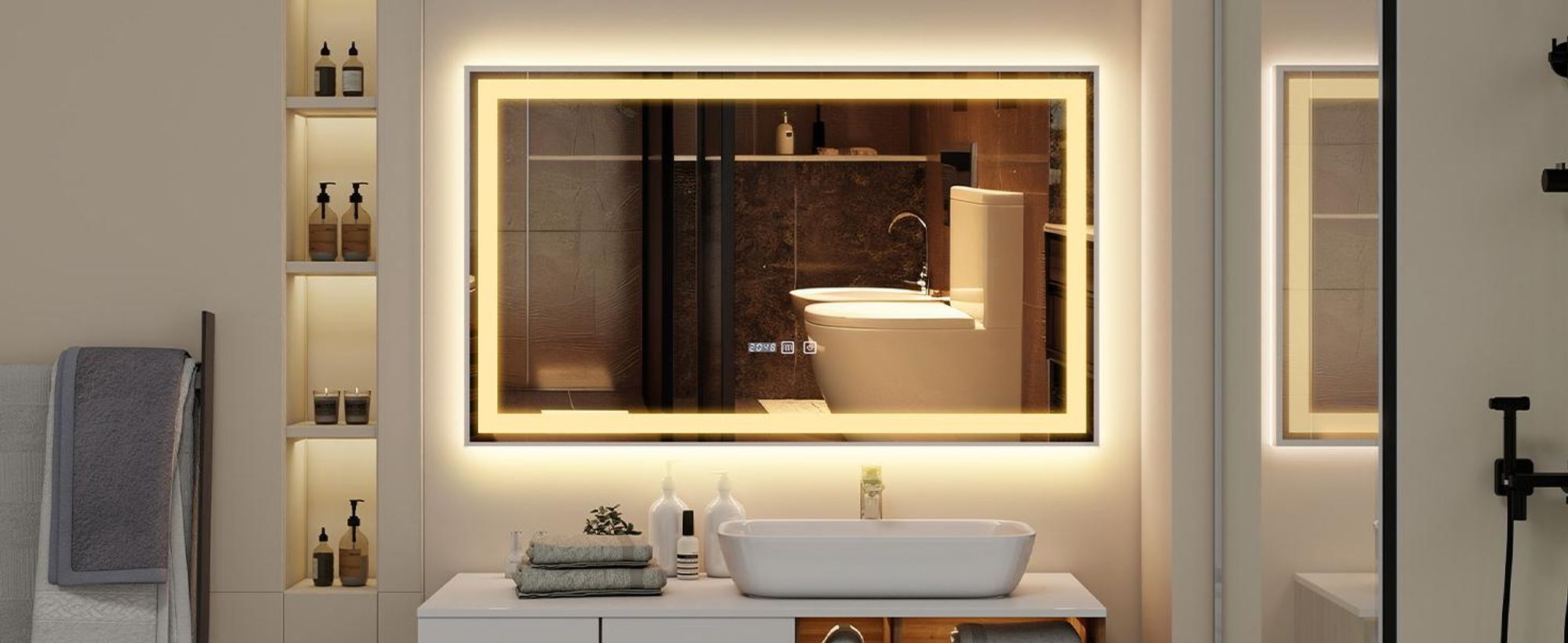 Puluomis Badspiegel 100x60 beschlagfrei mit 3 Farbe Beleuchtung, dimmbare Helligkeit, Badezimmerspiegel mit Digitaluhr, Temperatur silber