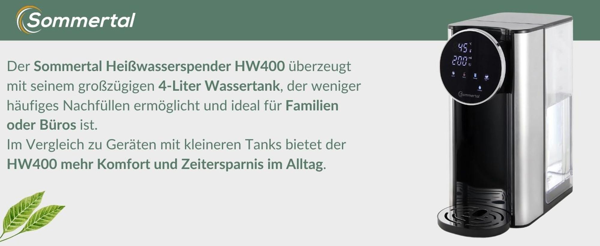 Sommertal HW400 Heißwasserspender Businessline, XXL Version mit abnehmbaren 4L Tank, instant heißes Wasser 45-100°C, Touchdisplay, Babynahrung