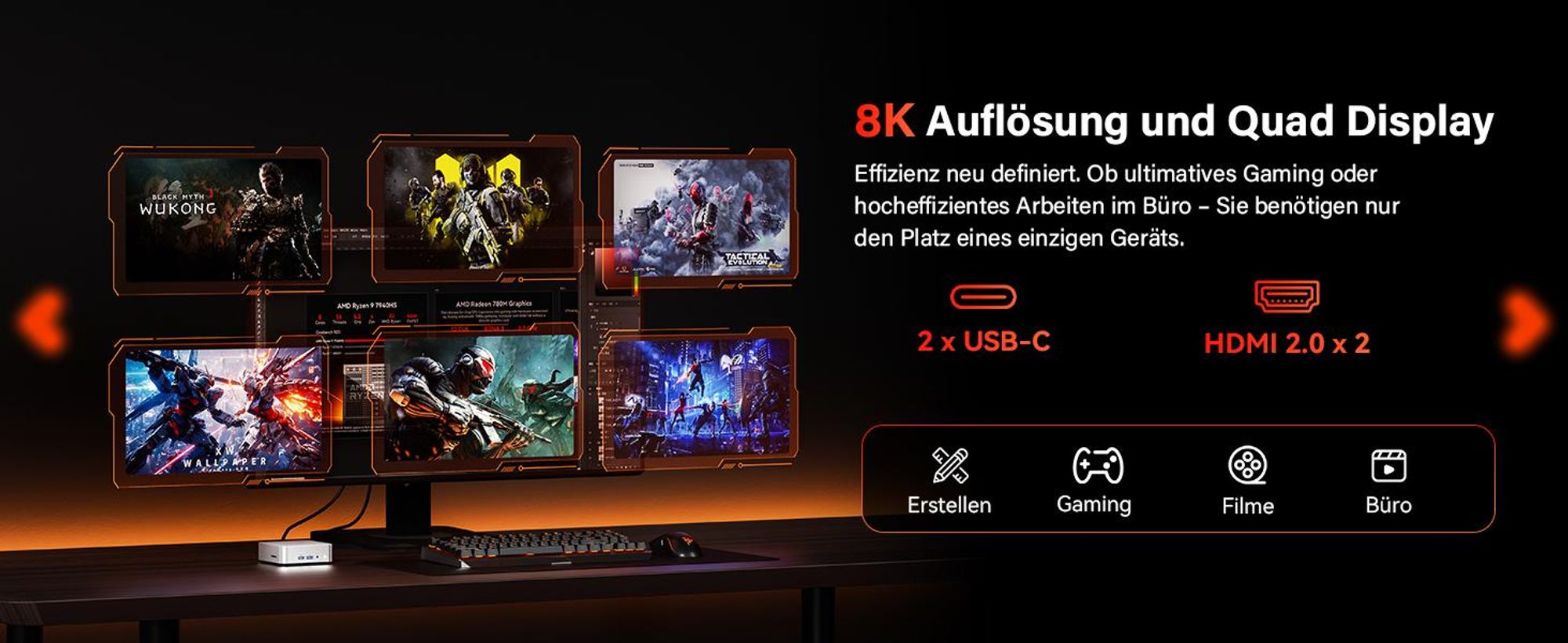 GEEKOM A7 Mini PC, AMD Ryzen 7 7730U, 32GB RAM, 500GB SSD, bis 64GB+4TB, vorinstalliertes System, Dual 2,5G LAN, Wi-Fi 6E, BT 5.4, 4 Modi, SD-Slot, 8K