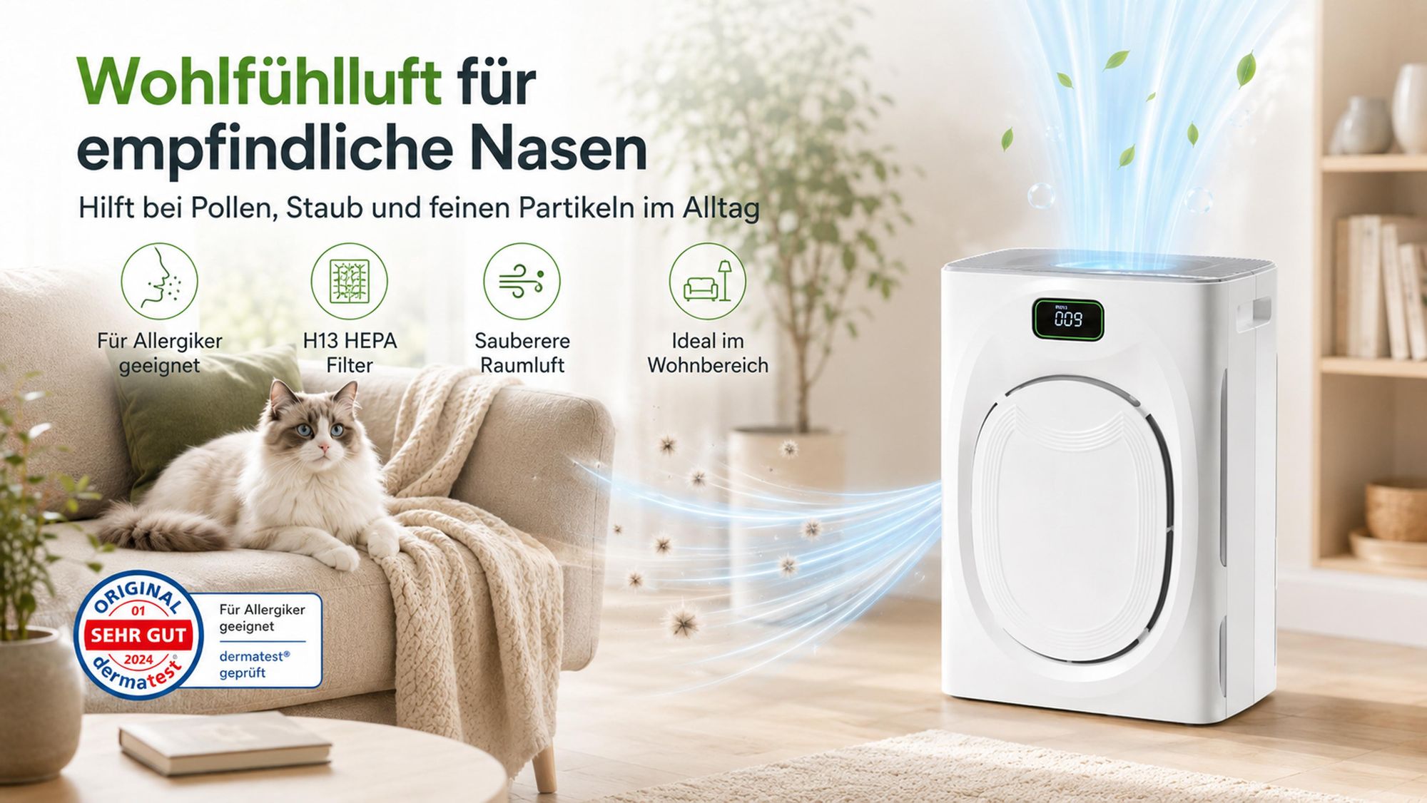 Luftreiniger Allergiker & Tierhalter, HEPA H13 + Aktivkohle+Waschbarer Filter, 25dB, CADR 350m³/h, PM2.5 Display, gegen Pollen/Staub/Tierhaare/Gerüche
