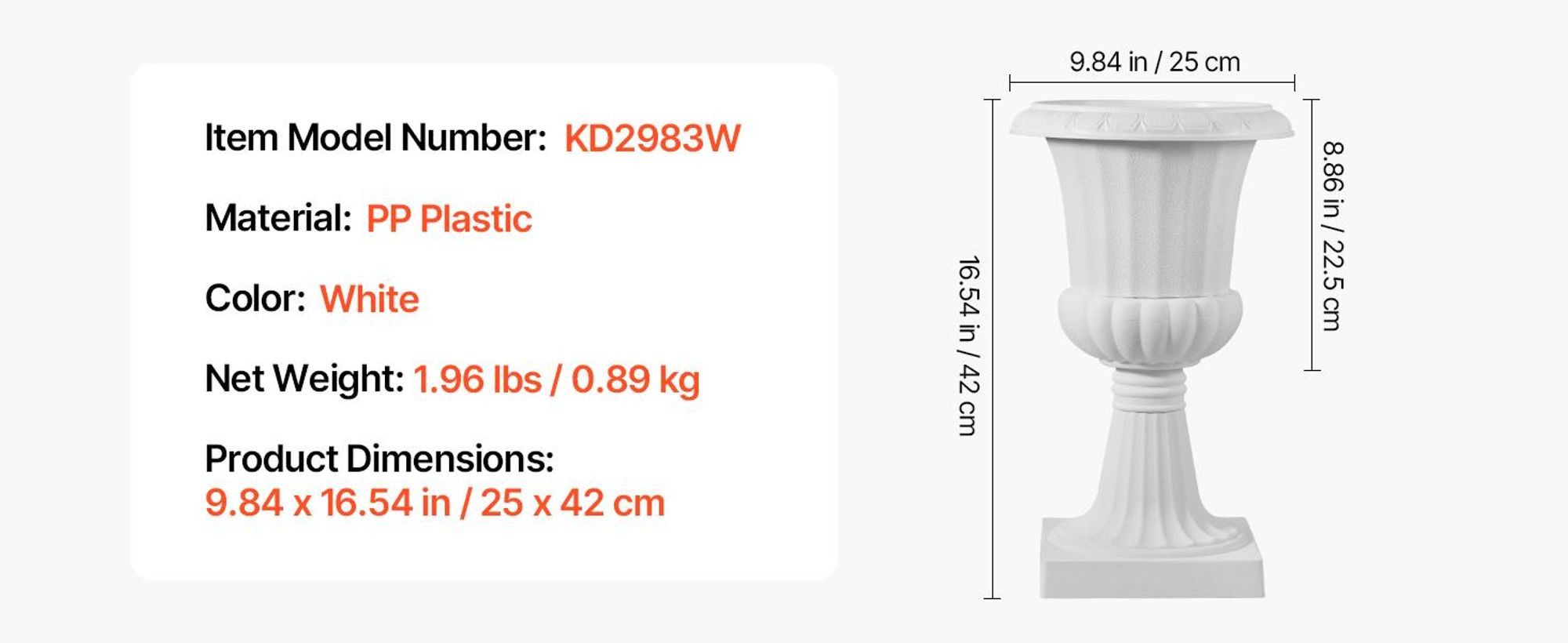 VEVOR Blumenspindel aus Kunststoff, 25x42 cm, 2er-Pack, Pflanzpokal. Pflanzkübel, Pflanzschale, weiße Blumentöpfe, für die Veranda, Hochzeit, Party, Zuhause, Bühne, Balkon, Terrassendekoration