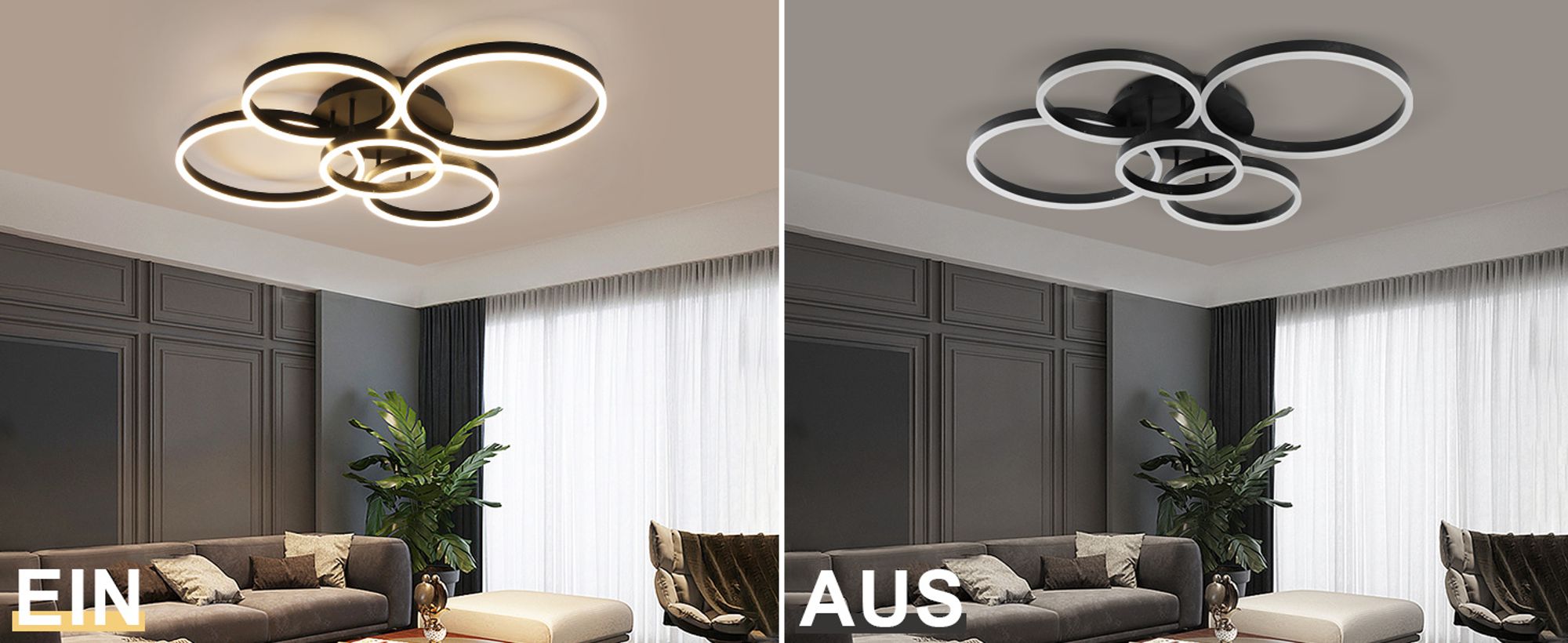 ZMH LED Deckenleuchte 78W Dimmbar mit Fernbedienung Deckenlampe 5 Ringen Innenleuchte für Wohnzimmer Schlafzimmer Küchen Büro Arbeitszimmer Schwarz