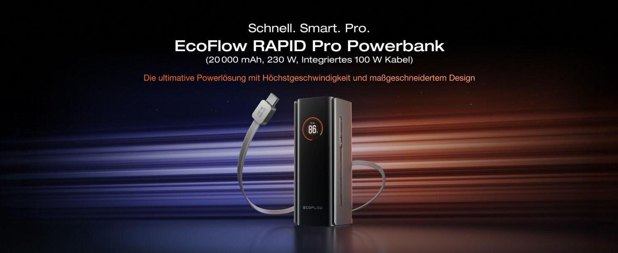EcoFlow RAPID Pro Powerbank 20000 mAh 230W Max. Ausgang mit 100W-Kabel, 4-Anschluss tragbares Ladegerät, bis zu 320W Ladeleistung