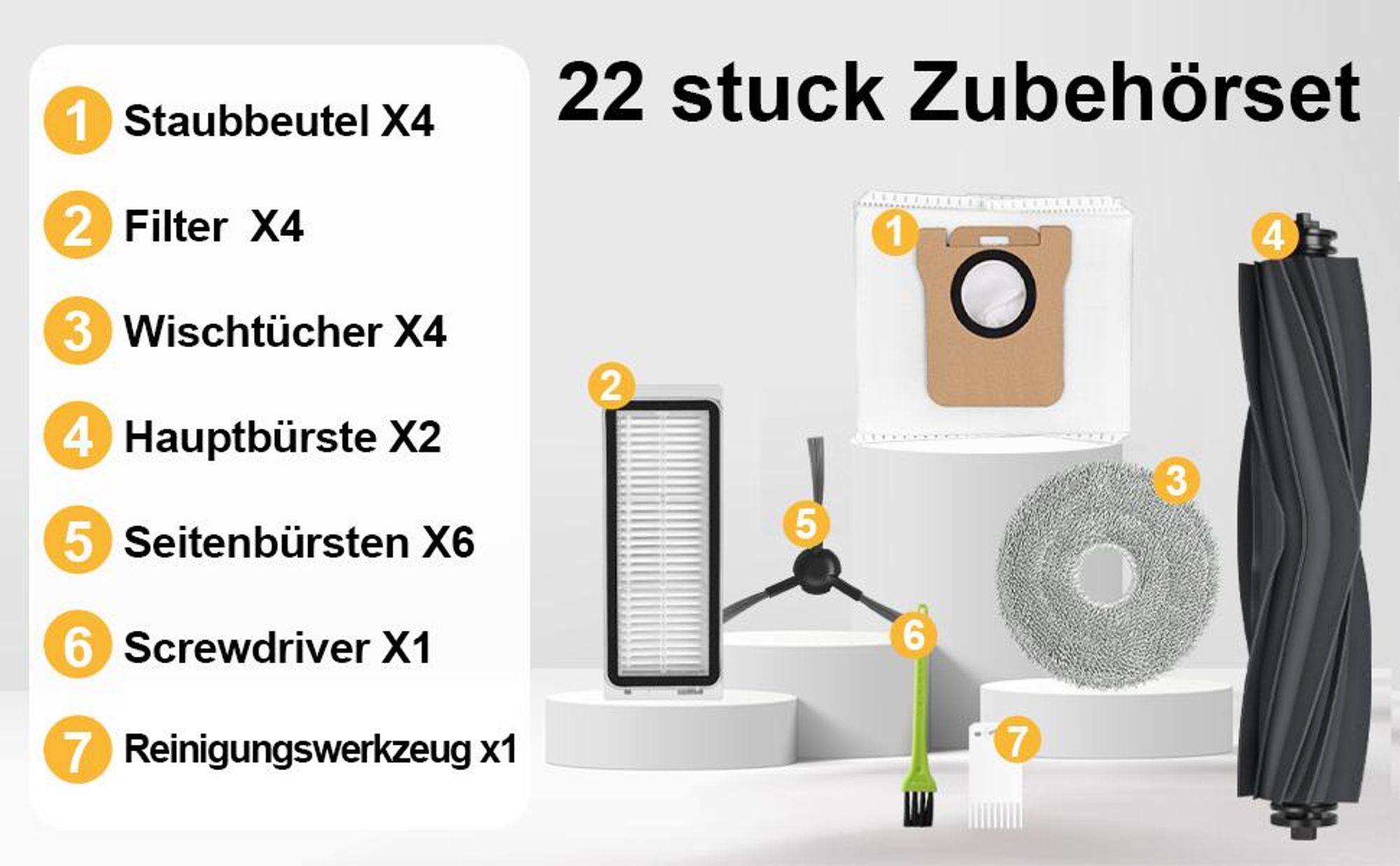 Zubehör für Dreame L20 Ultra / L20 Ultra Saugroboter mit 2 Hauptbürste, 4 Staubbeutel, 6 Seitenbürsten, 4 Wischtücher, 4 Filter, 1 Reinigungsbürste