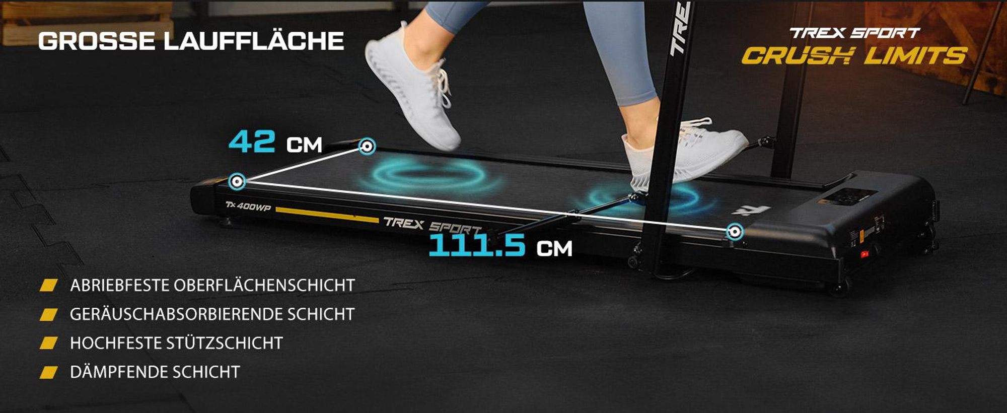 TREX SPORT Laufband für Zuhause klappbar elektrisch TX-400WP EXILE | Home-Office Walking Pad LED-Anzeige mit Bluetooth, bis 12 km/h, leiser Motor