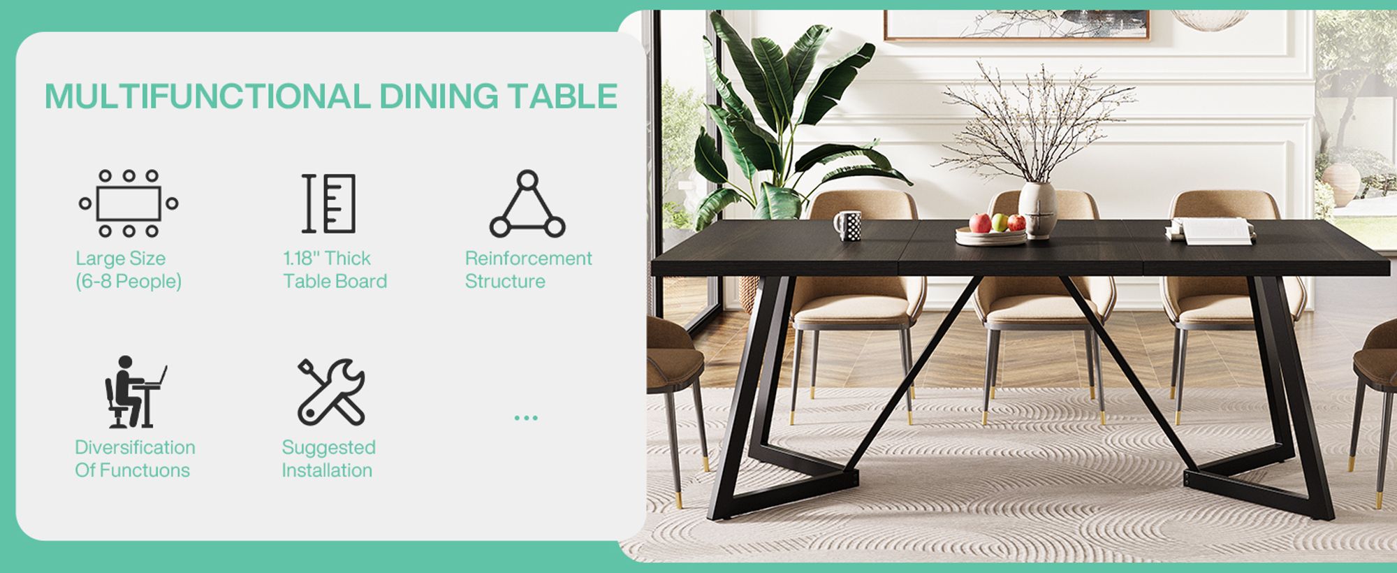 Tribesigns Esstisch für 6–8 Personen, großer moderner Esszimmertisch mit Metallrahmen, 180*80 cm Küchen-Esstisch für das Esszimmer, Schwarz