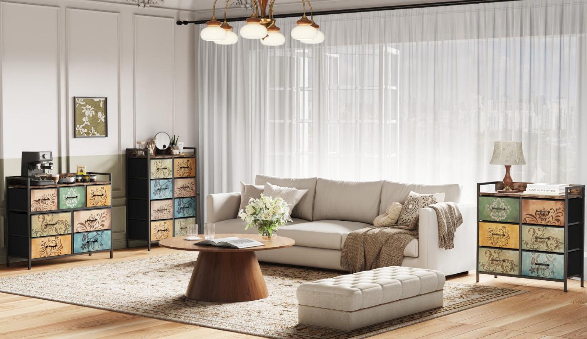 Mondeer Kommode Schubladenschrank mit 6 Blumenstoff Schubladen,mit Metallrahmen und Schubladen aus Vliesstoff, Retro-Stil 80x30x84cm