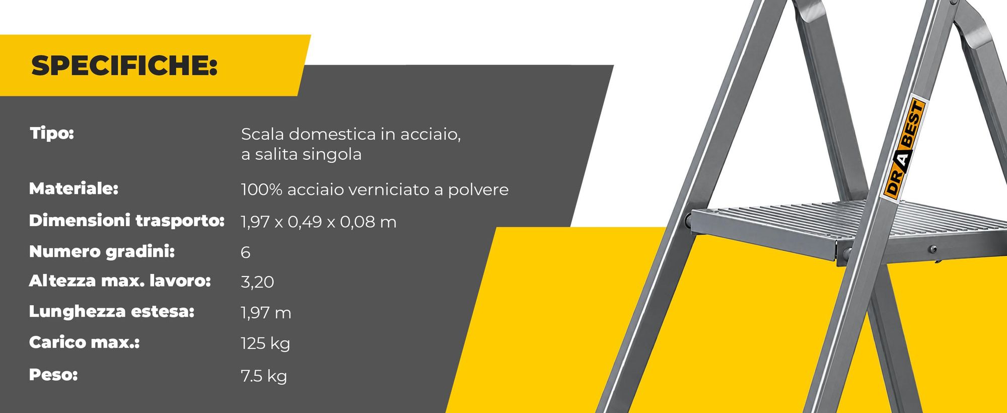 DRABEST | Scala - Scala in acciaio - Scala domestica - Scala a 6 gradini - Scaletta pieghevole - Acciaio - Universale - fino a 125 kg