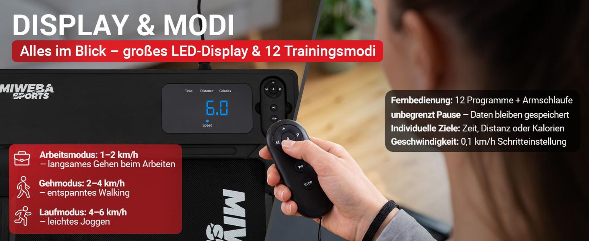 Miweba Sports Walking Pad WP80 | Laufband für Zuhause - Schreibtischlaufband 1-6 km/h - mit Fernbedienung - LED Display - 9 % Steigung - bis 100 kg