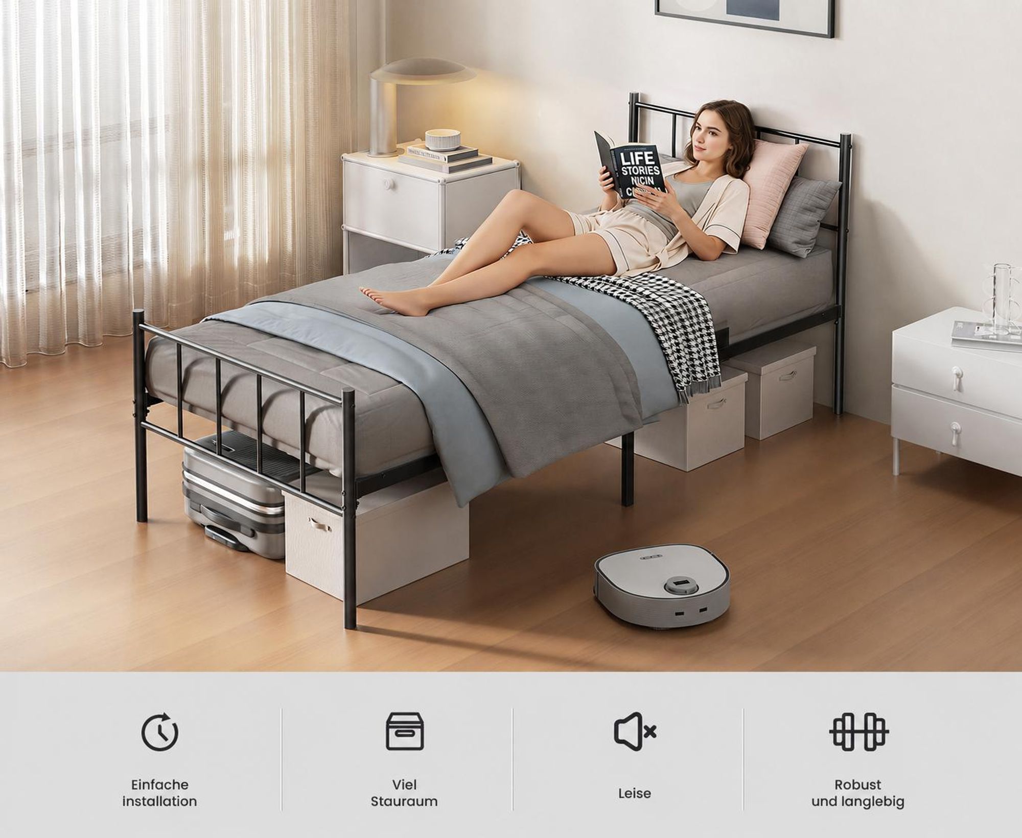 Bett 90 x 200 cm, Bettgestell Metall mit Kopfteil, Bettrahmen 36 cm Höhe mit 32 cm Stauraum, 14 Metalllatten, Geräuschlos, Schwarz
