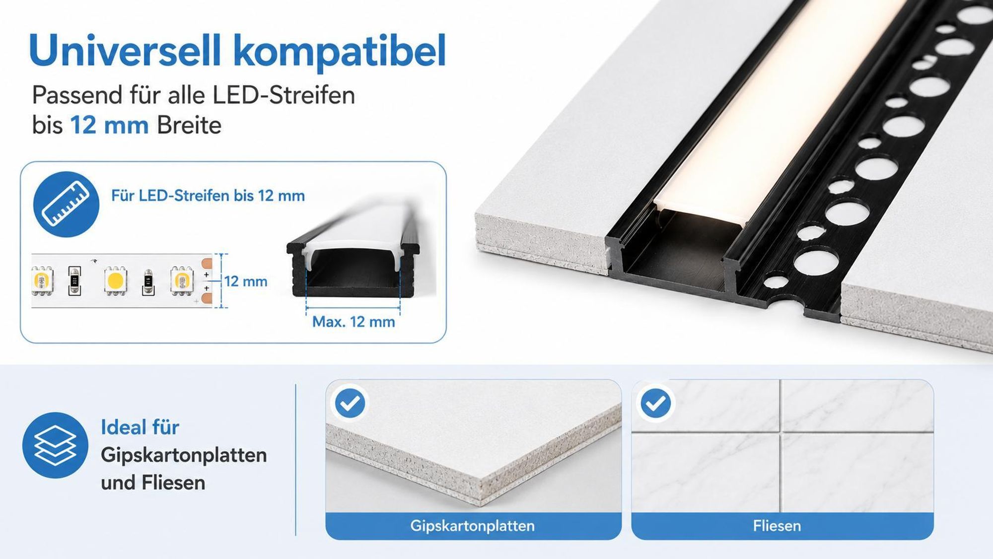 MasterLED LED Fliesenprofil PVC 33x12mm Einbauprofil Schwarz 2m – LED Schiene für Fliesen & Glazur z milchiger Abdeckung – Montageprofil